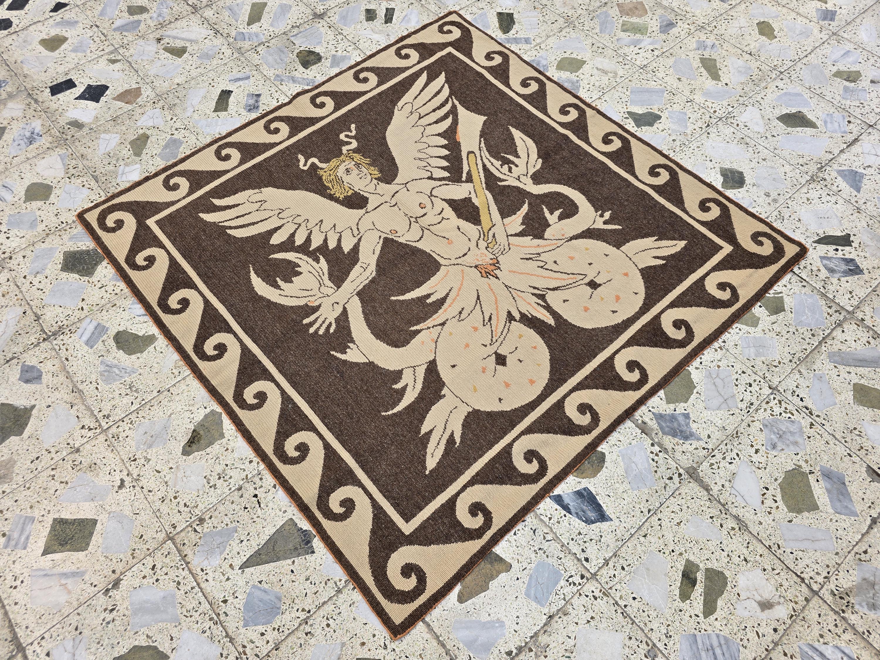 4x4ft Handwoven Mythological Tapestry Rug – Winged Serpent Deity Design | Tribal Wall Hanging | Bohemian Art Rug, Wall Decor