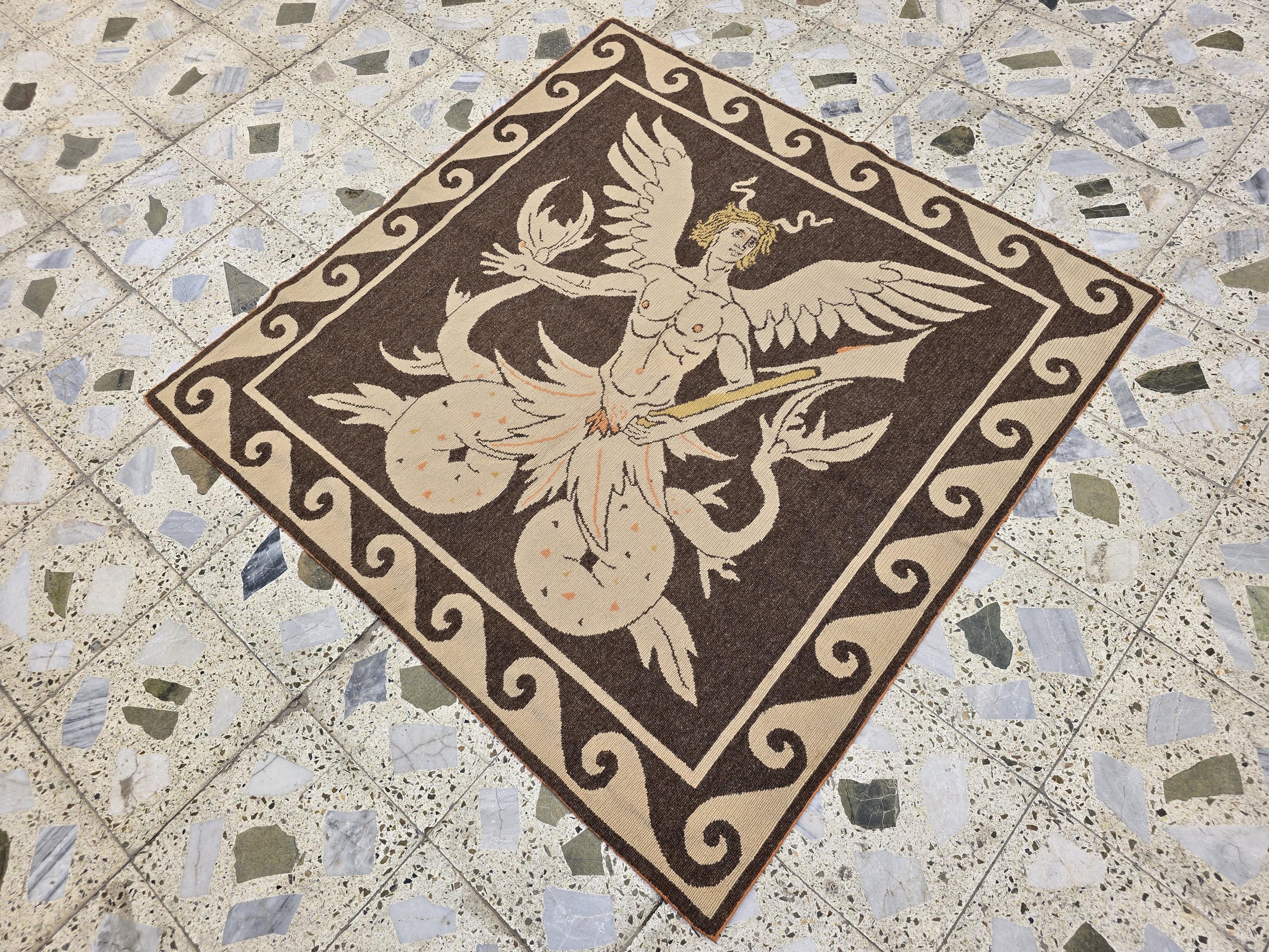 4x4ft Handwoven Mythological Tapestry Rug – Winged Serpent Deity Design | Tribal Wall Hanging | Bohemian Art Rug, Wall Decor
