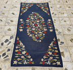 4x6 Suzani Kilim Rug – Navy Blue Tribal Flatweave, Turkmen Boho Wool Runner, Decorative Afghan Textile, Rug for Living Room, Bedroom Rug