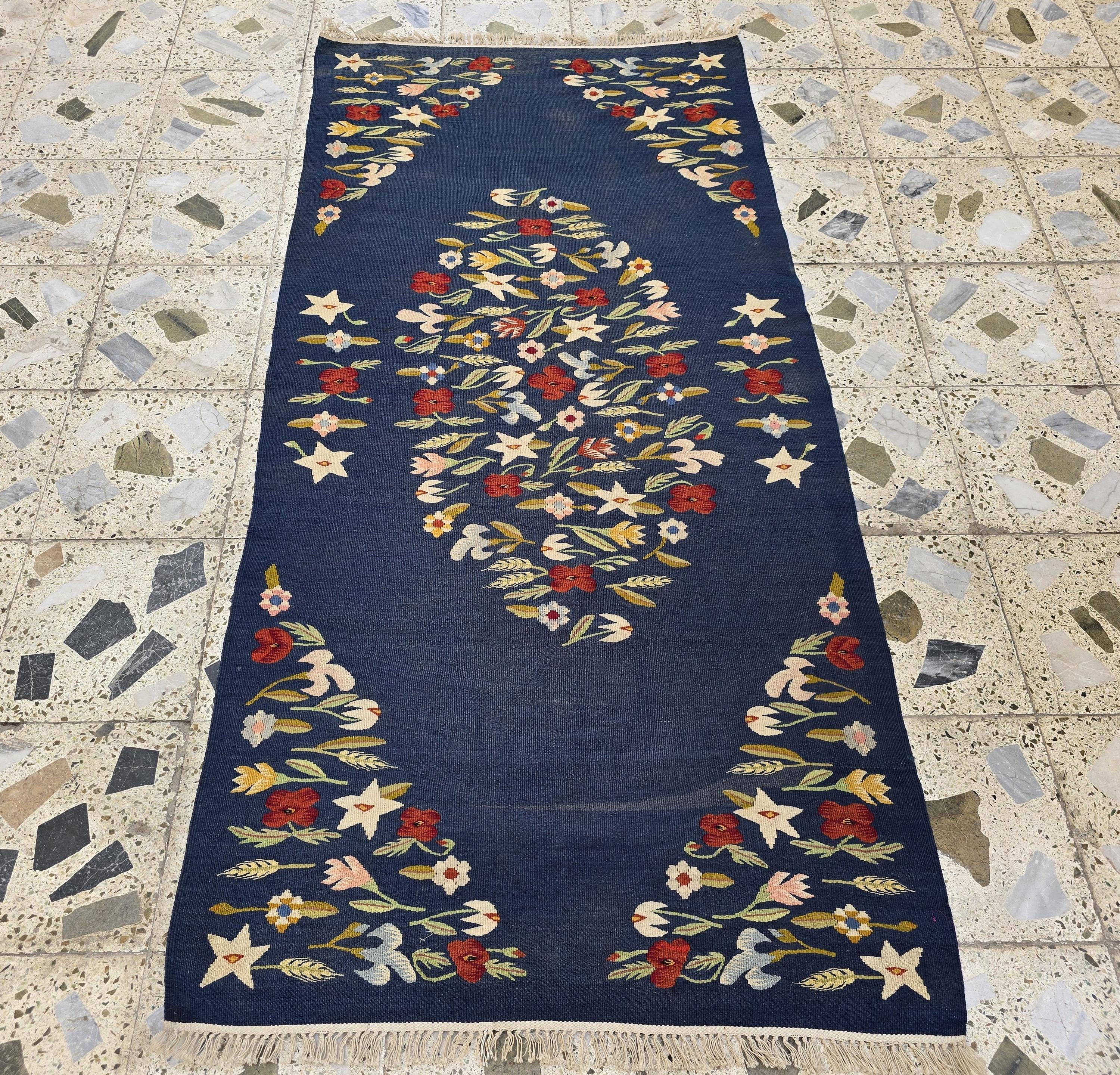 4x6 Suzani Kilim Rug – Navy Blue Tribal Flatweave, Turkmen Boho Wool Runner, Decorative Afghan Textile, Rug for Living Room, Bedroom Rug