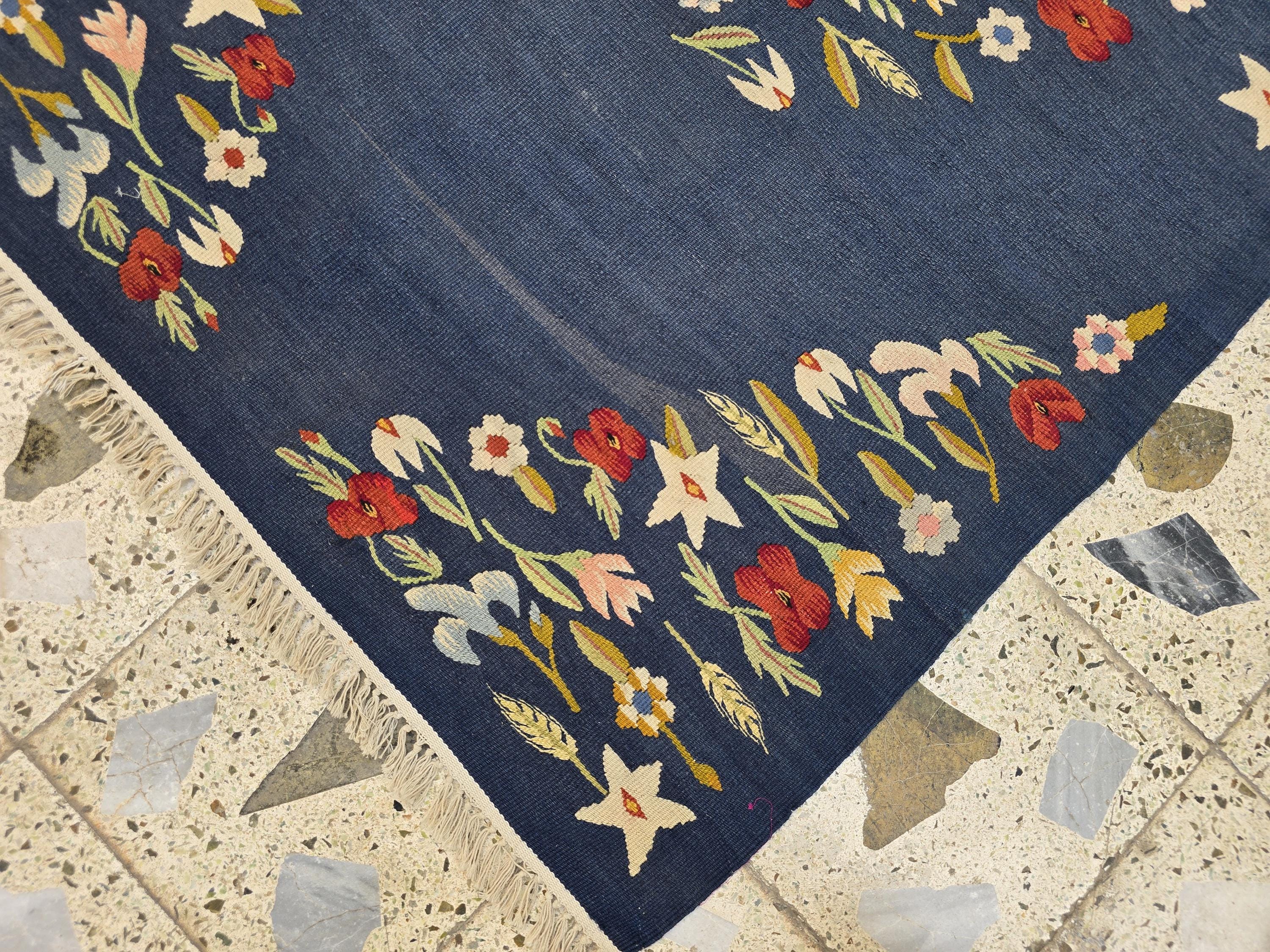 4x6 Suzani Kilim Rug – Navy Blue Tribal Flatweave, Turkmen Boho Wool Runner, Decorative Afghan Textile, Rug for Living Room, Bedroom Rug