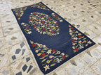 4x6 Suzani Kilim Rug – Navy Blue Tribal Flatweave, Turkmen Boho Wool Runner, Decorative Afghan Textile, Rug for Living Room, Bedroom Rug
