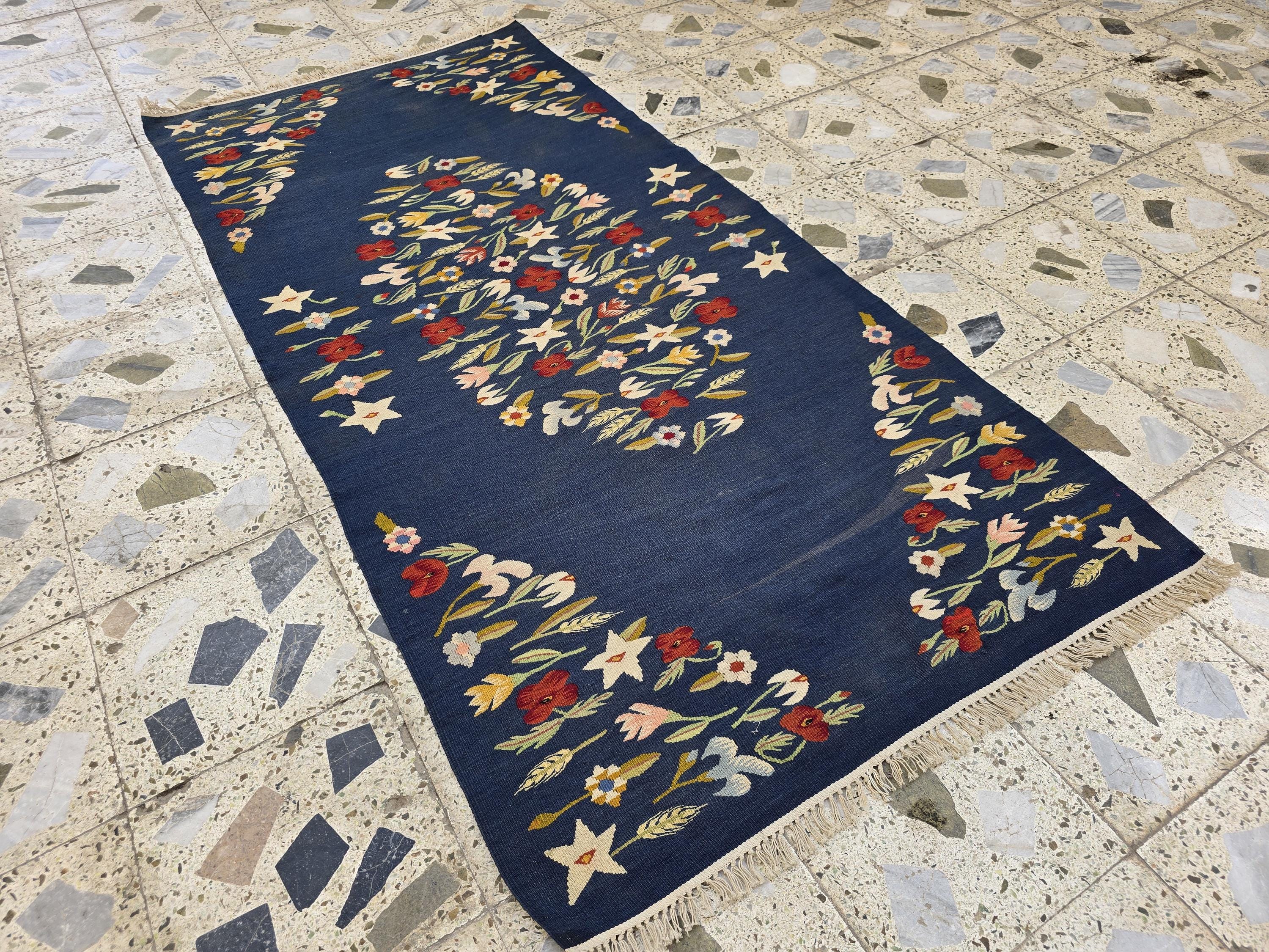 4x6 Suzani Kilim Rug – Navy Blue Tribal Flatweave, Turkmen Boho Wool Runner, Decorative Afghan Textile, Rug for Living Room, Bedroom Rug