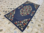 4x6 Suzani Kilim Rug – Navy Blue Tribal Flatweave, Turkmen Boho Wool Runner, Decorative Afghan Textile, Rug for Living Room, Bedroom Rug