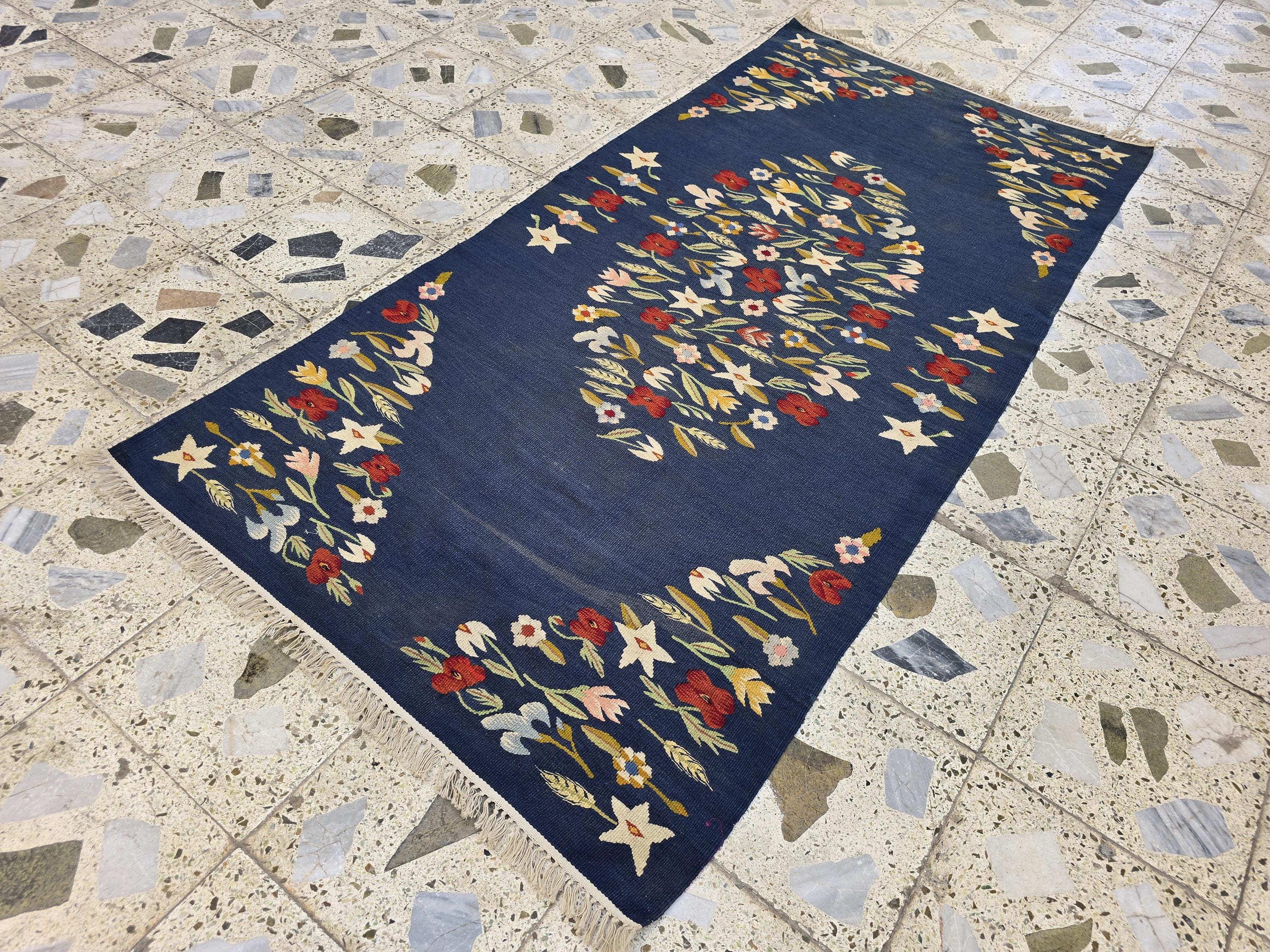 4x6 Suzani Kilim Rug – Navy Blue Tribal Flatweave, Turkmen Boho Wool Runner, Decorative Afghan Textile, Rug for Living Room, Bedroom Rug