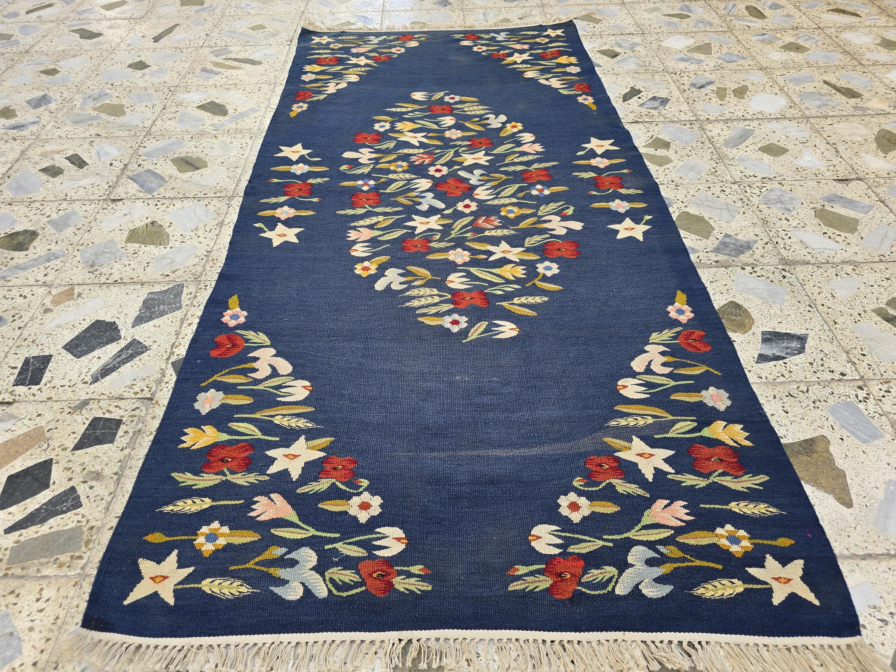 4x6 Suzani Kilim Rug – Navy Blue Tribal Flatweave, Turkmen Boho Wool Runner, Decorative Afghan Textile, Rug for Living Room, Bedroom Rug