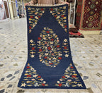 4x6 Suzani Kilim Rug – Navy Blue Tribal Flatweave, Turkmen Boho Wool Runner, Decorative Afghan Textile, Rug for Living Room, Bedroom Rug