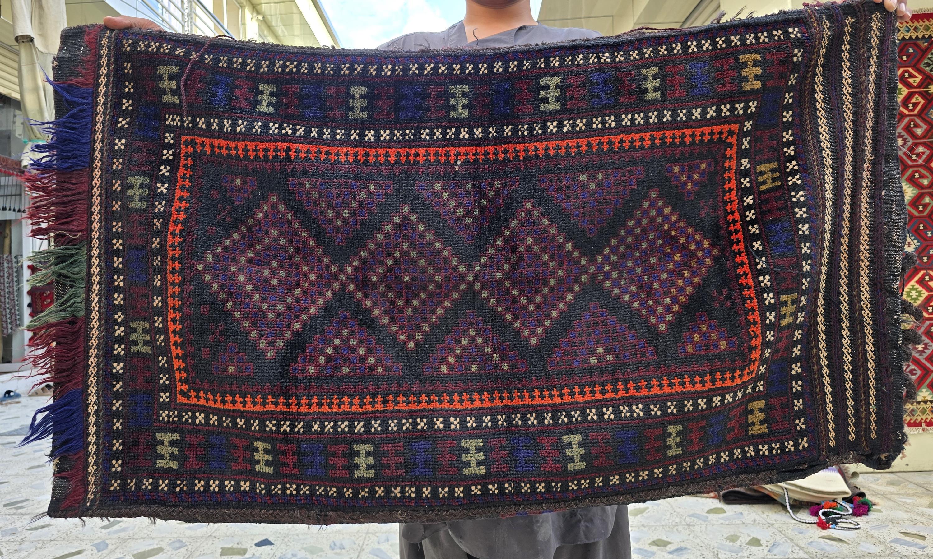 Vintage Handwoven Cushion, Turkmen Wool Antique, Collectible Item From 1960s, 3x1.8ft,