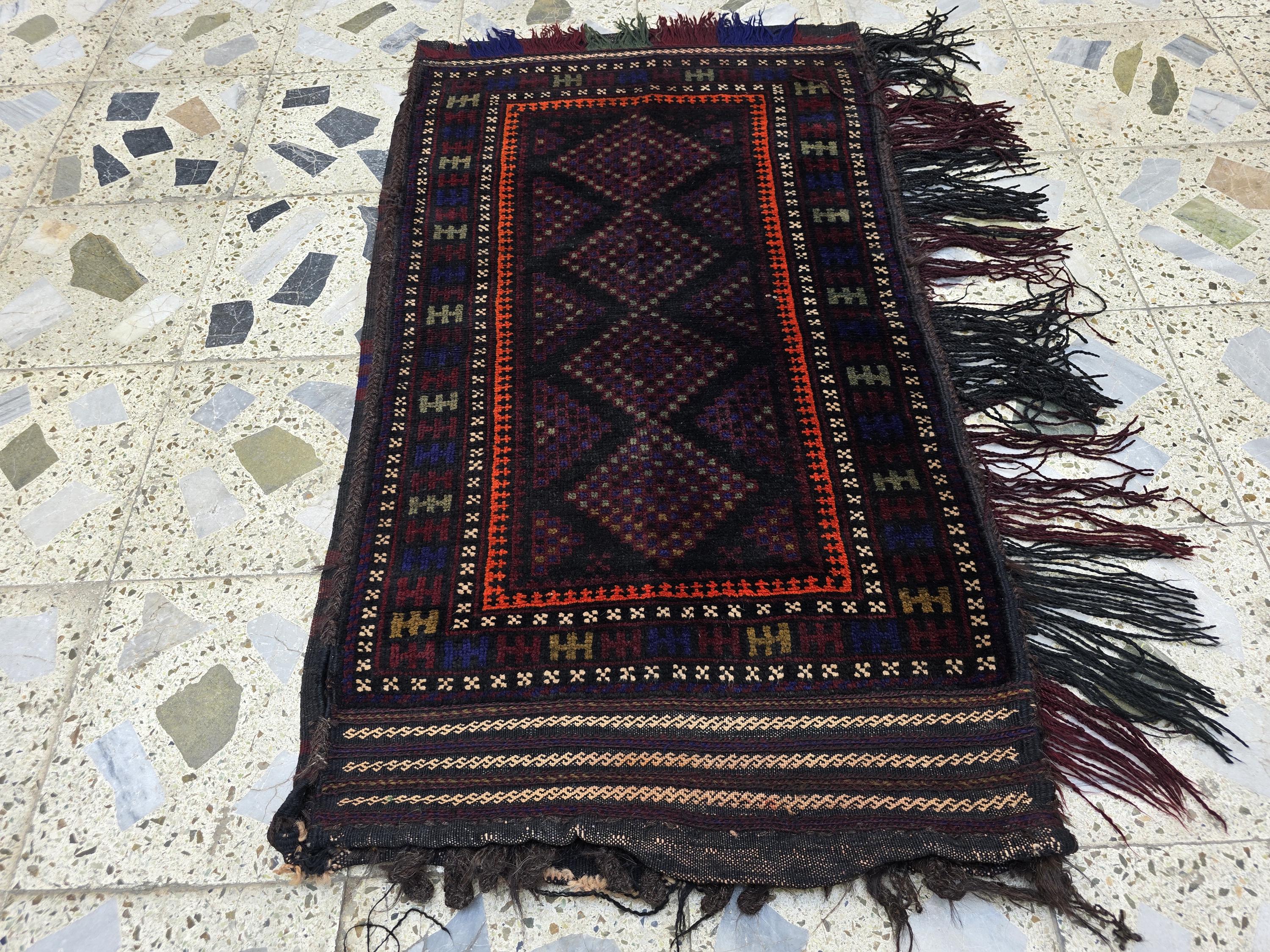 Vintage Handwoven Cushion, Turkmen Wool Antique, Collectible Item From 1960s, 3x1.8ft,