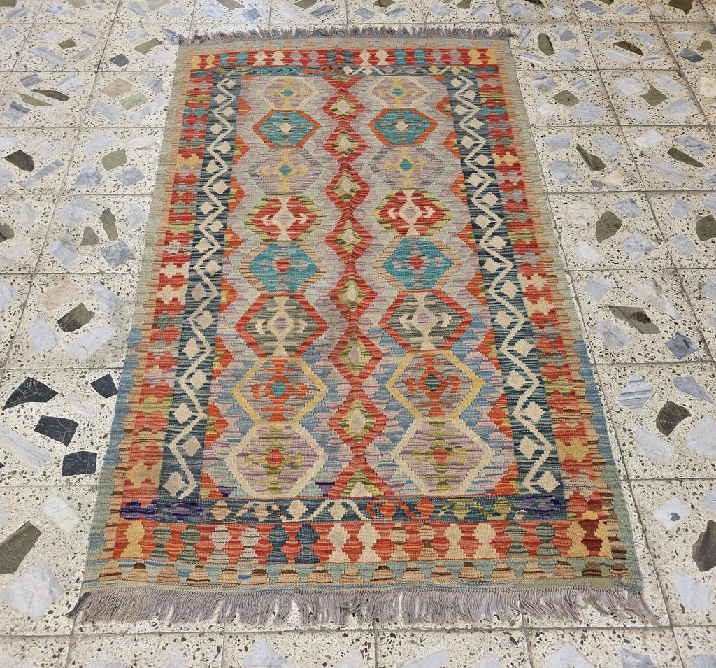 4x6 Flatweave Chobi Kilim Rug, Afghan Turkmen Wool Geometric Rug, Accent Size Rug, Entryway Rug, Hallway Lightweight Rug 192x120 cm