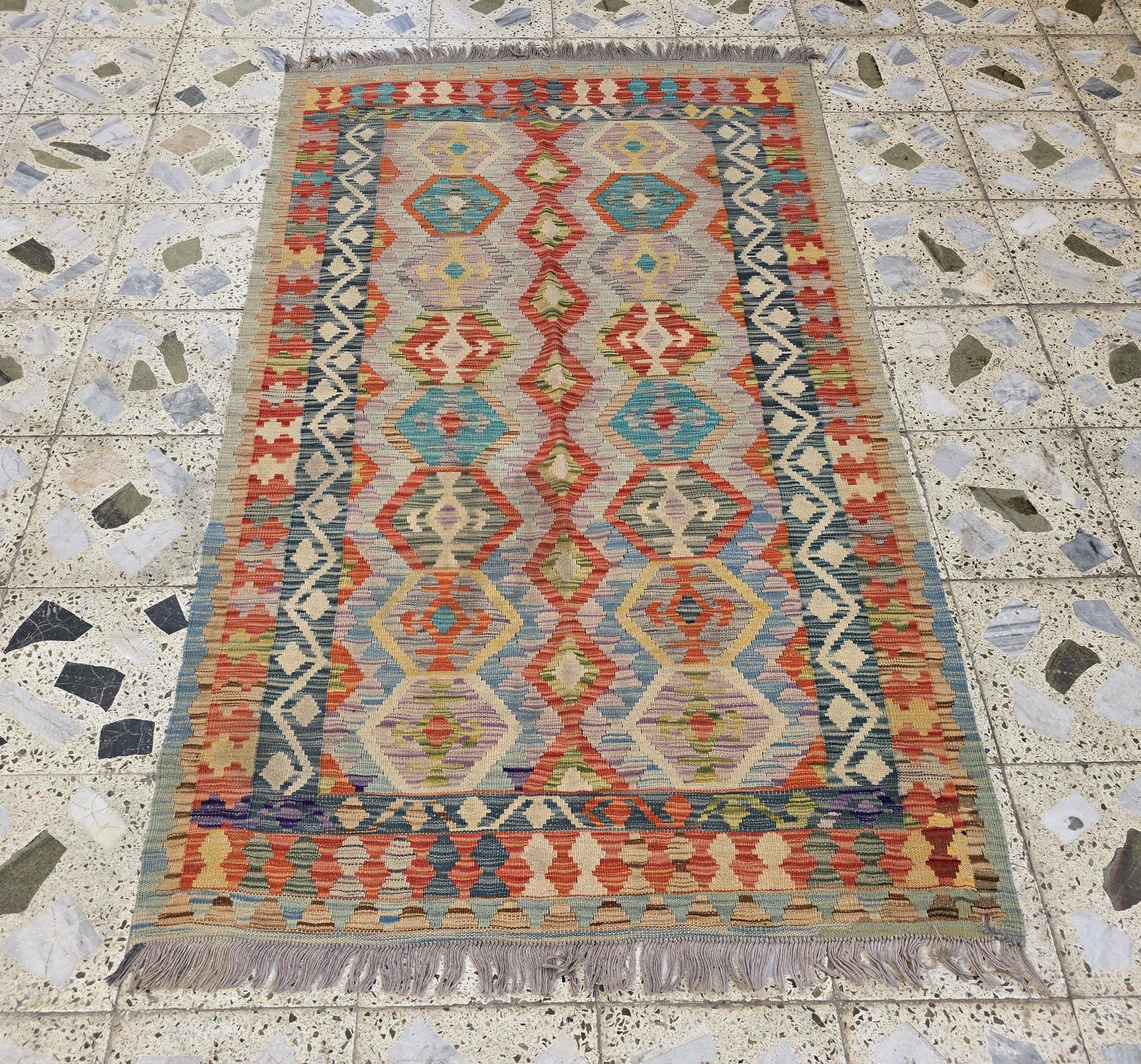 4x6 Flatweave Chobi Kilim Rug, Afghan Turkmen Wool Geometric Rug, Accent Size Rug, Entryway Rug, Hallway Lightweight Rug 192x120 cm