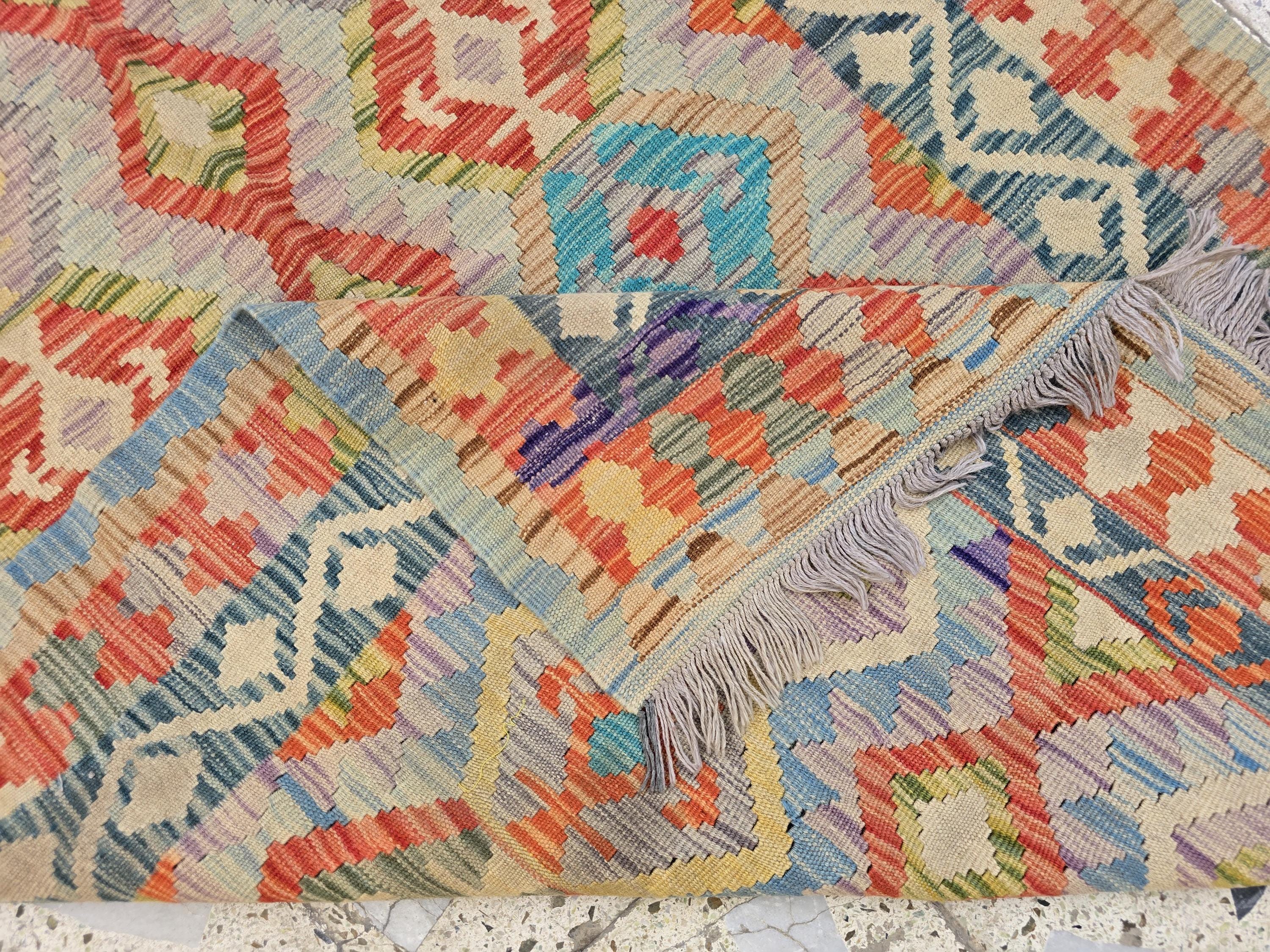 4x6 Flatweave Chobi Kilim Rug, Afghan Turkmen Wool Geometric Rug, Accent Size Rug, Entryway Rug, Hallway Lightweight Rug 192x120 cm