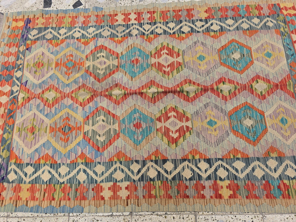 4x6 Flatweave Chobi Kilim Rug, Afghan Turkmen Wool Geometric Rug, Accent Size Rug, Entryway Rug, Hallway Lightweight Rug 192x120 cm