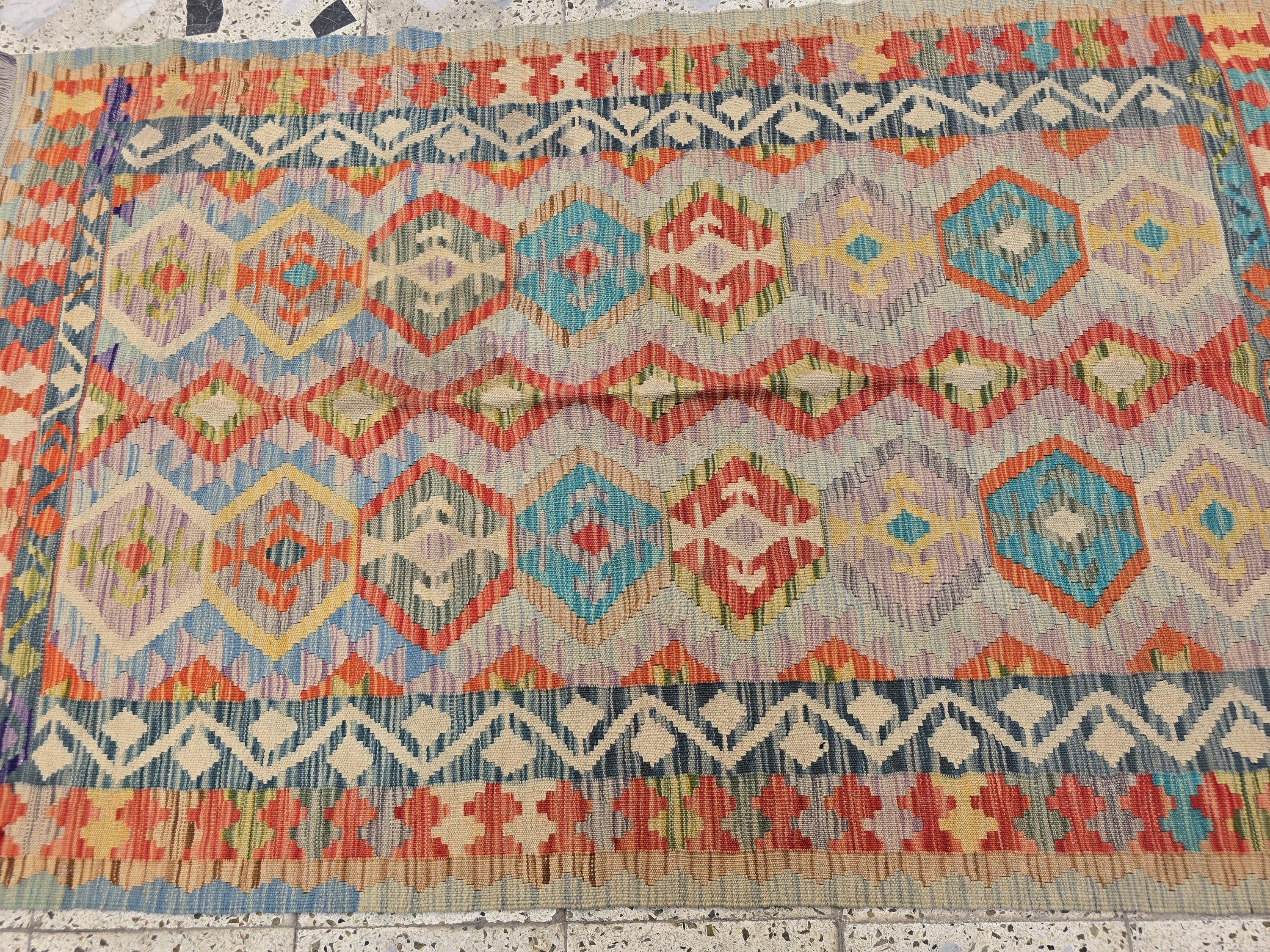 4x6 Flatweave Chobi Kilim Rug, Afghan Turkmen Wool Geometric Rug, Accent Size Rug, Entryway Rug, Hallway Lightweight Rug 192x120 cm