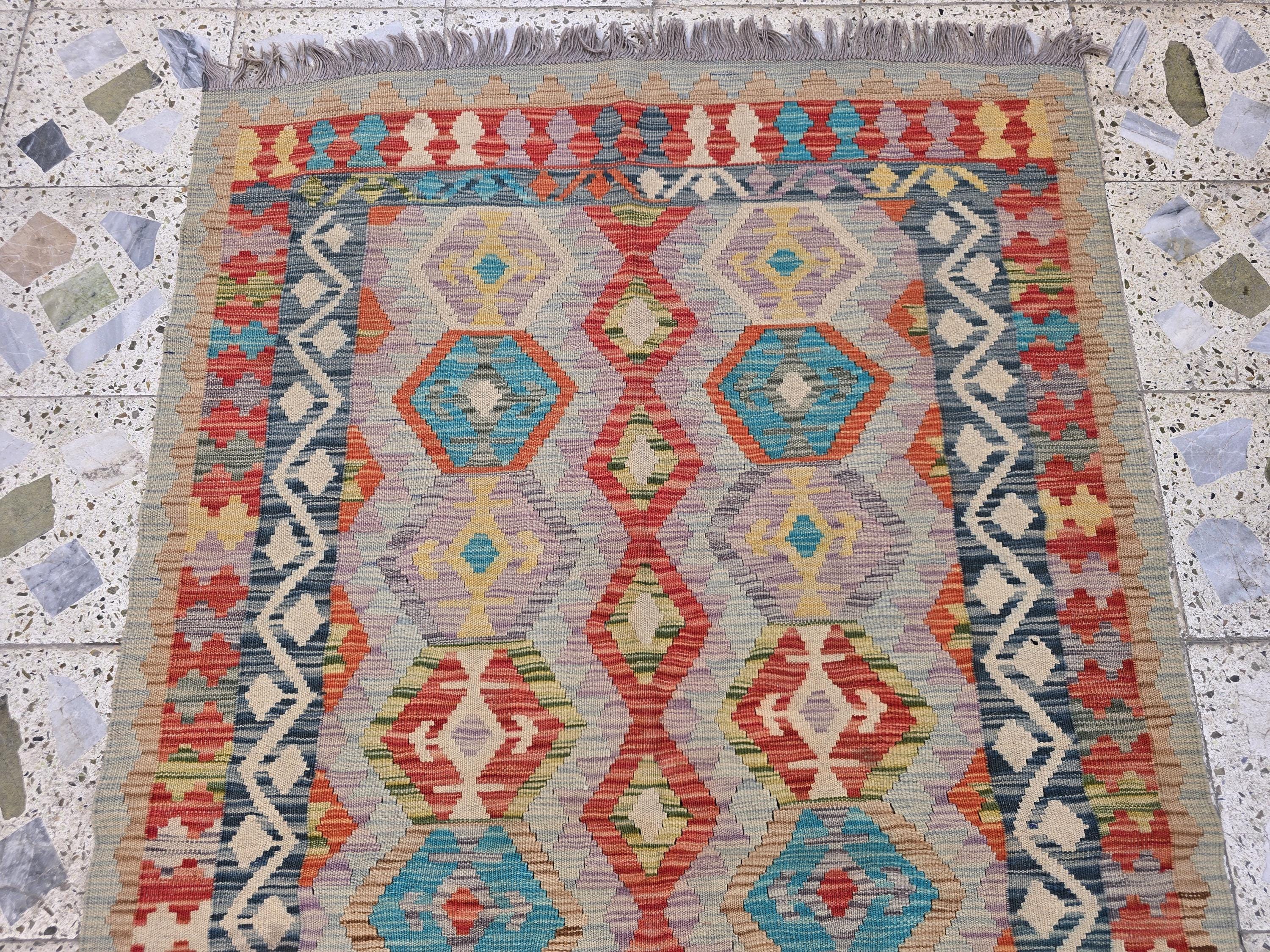 4x6 Flatweave Chobi Kilim Rug, Afghan Turkmen Wool Geometric Rug, Accent Size Rug, Entryway Rug, Hallway Lightweight Rug 192x120 cm
