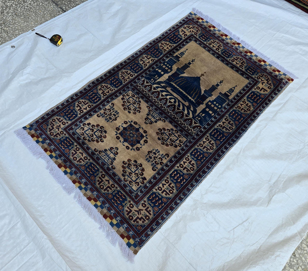 3x4 Afghan Handwoven Prayer Mat Jai Namaz, Turkmen Wool Geometric Rug, Soft Pile Beljik Jai Namaz