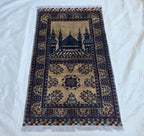 3x4 Afghan Handwoven Prayer Mat Jai Namaz, Turkmen Wool Geometric Rug, Soft Pile Beljik Jai Namaz