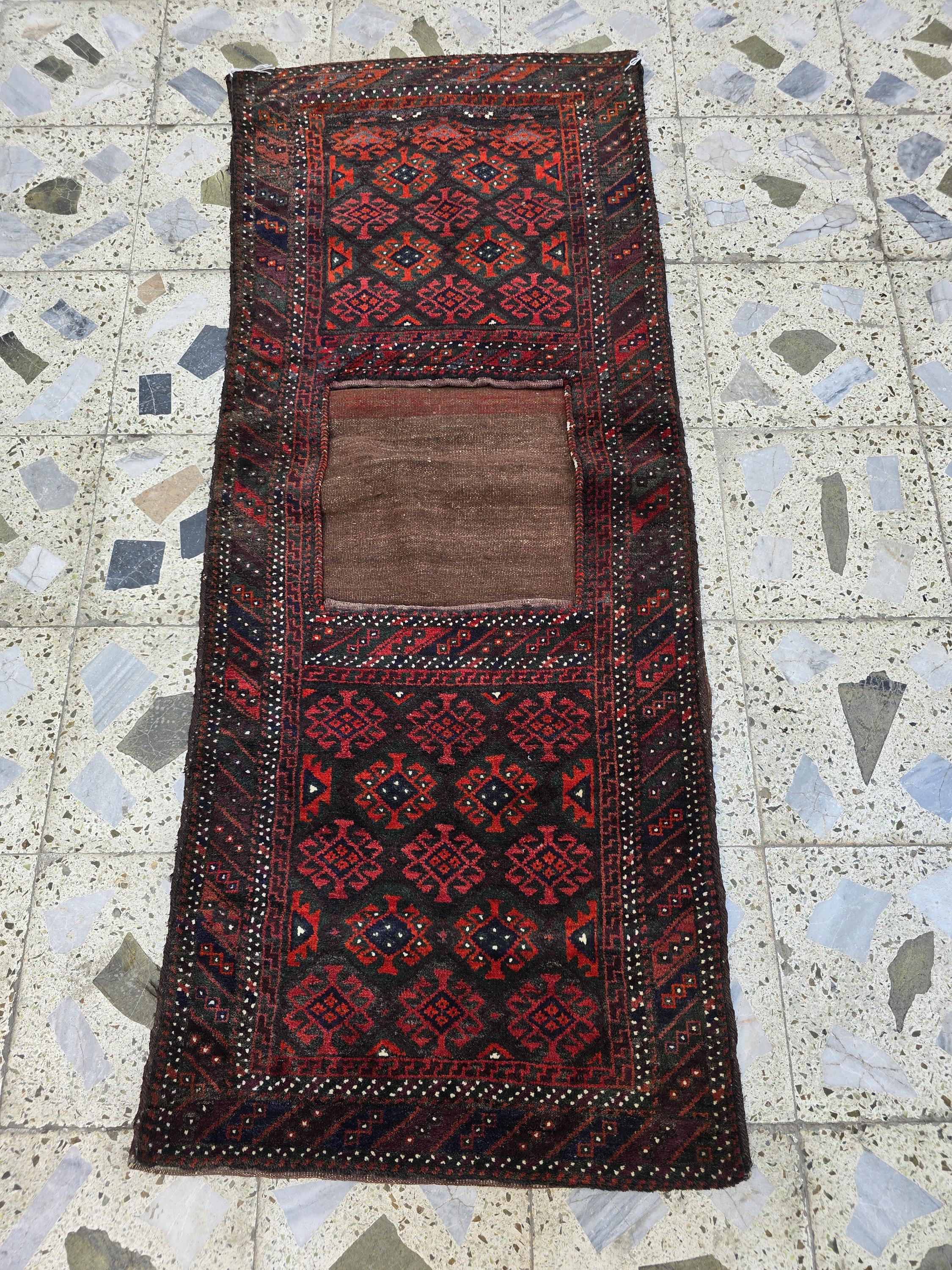 Vintage Afghan Khurjin Saddlebag Rug 5.4x2.1ft – Tribal Handwoven Wool Bagface, Nomadic Baluchi Decor, Wall decor