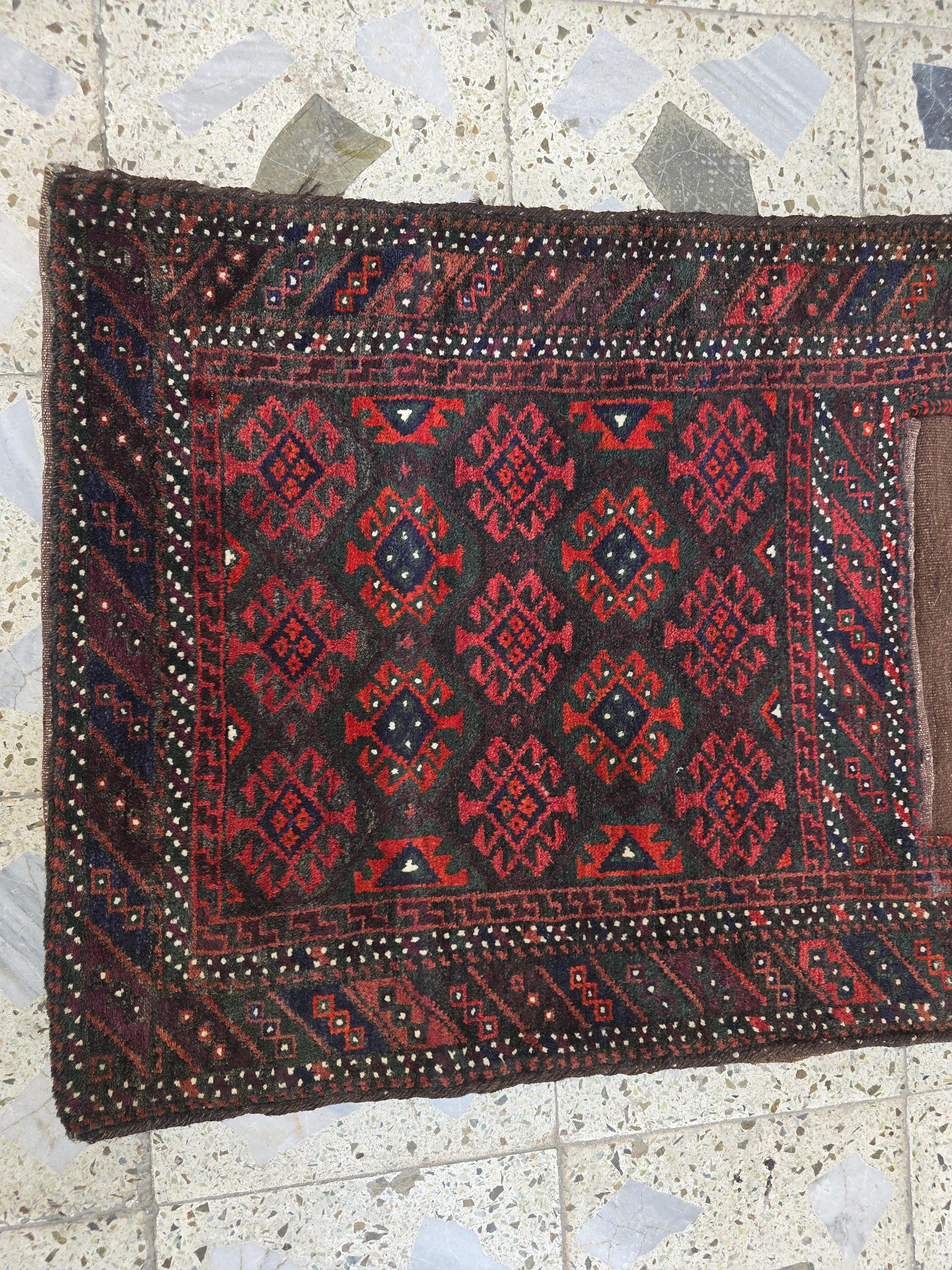 Vintage Afghan Khurjin Saddlebag Rug 5.4x2.1ft – Tribal Handwoven Wool Bagface, Nomadic Baluchi Decor, Wall decor
