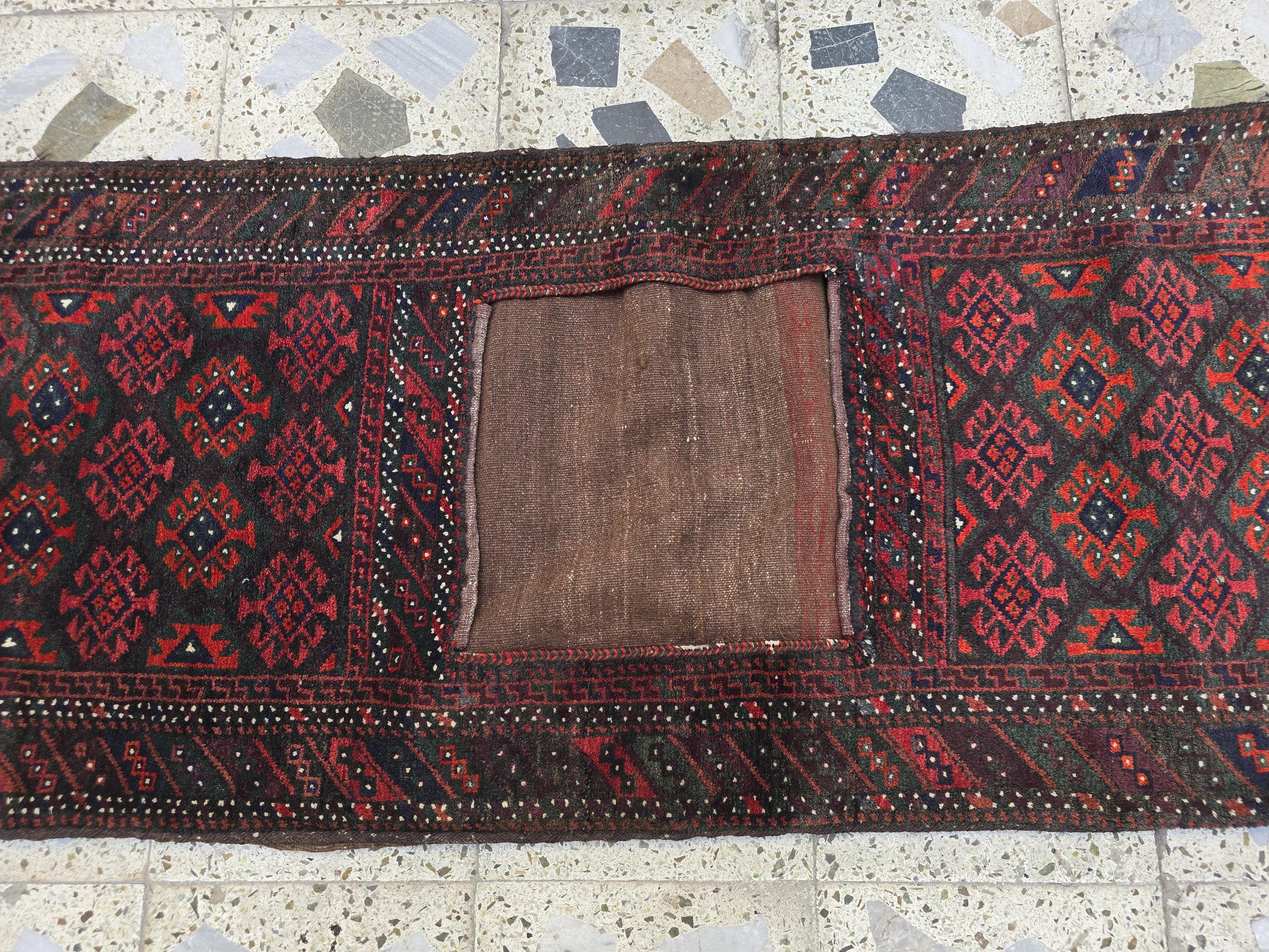 Vintage Afghan Khurjin Saddlebag Rug 5.4x2.1ft – Tribal Handwoven Wool Bagface, Nomadic Baluchi Decor, Wall decor