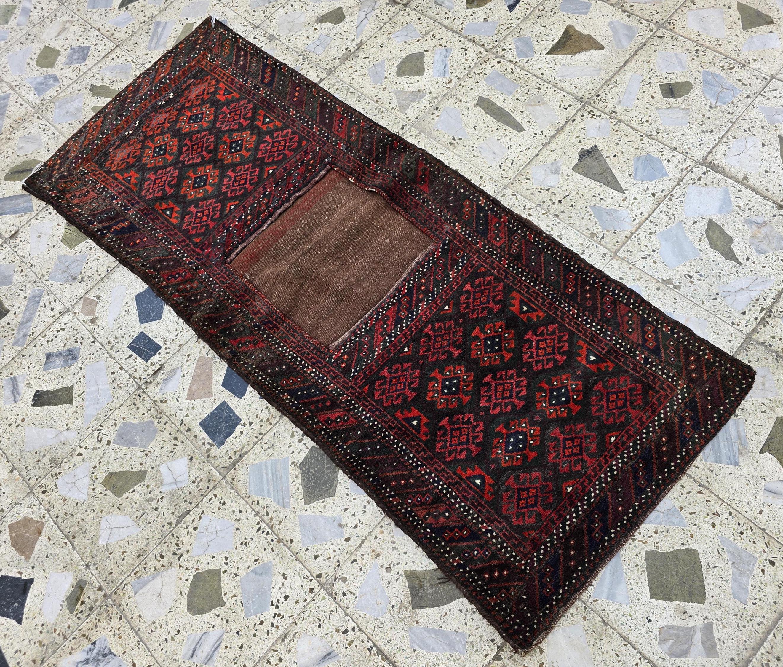 Vintage Afghan Khurjin Saddlebag Rug 5.4x2.1ft – Tribal Handwoven Wool Bagface, Nomadic Baluchi Decor, Wall decor