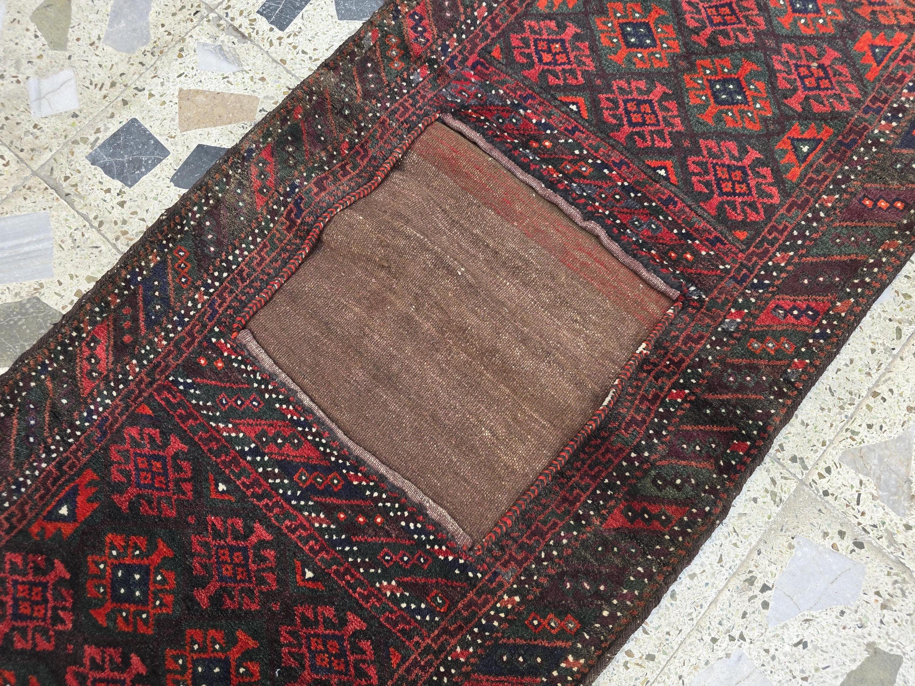 Vintage Afghan Khurjin Saddlebag Rug 5.4x2.1ft – Tribal Handwoven Wool Bagface, Nomadic Baluchi Decor, Wall decor