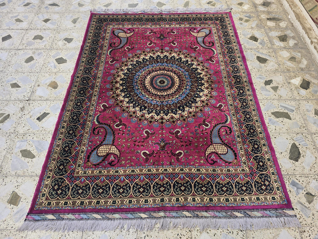 5x7ft Handmade Persian Tabriz Rug – Fuchsia Pink & Navy Wool Area Rug, Medallion Mandala Design – Traditional Living Room Accent Carpet