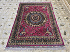 5x7ft Handmade Persian Tabriz Rug – Fuchsia Pink & Navy Wool Area Rug, Medallion Mandala Design – Traditional Living Room Accent Carpet