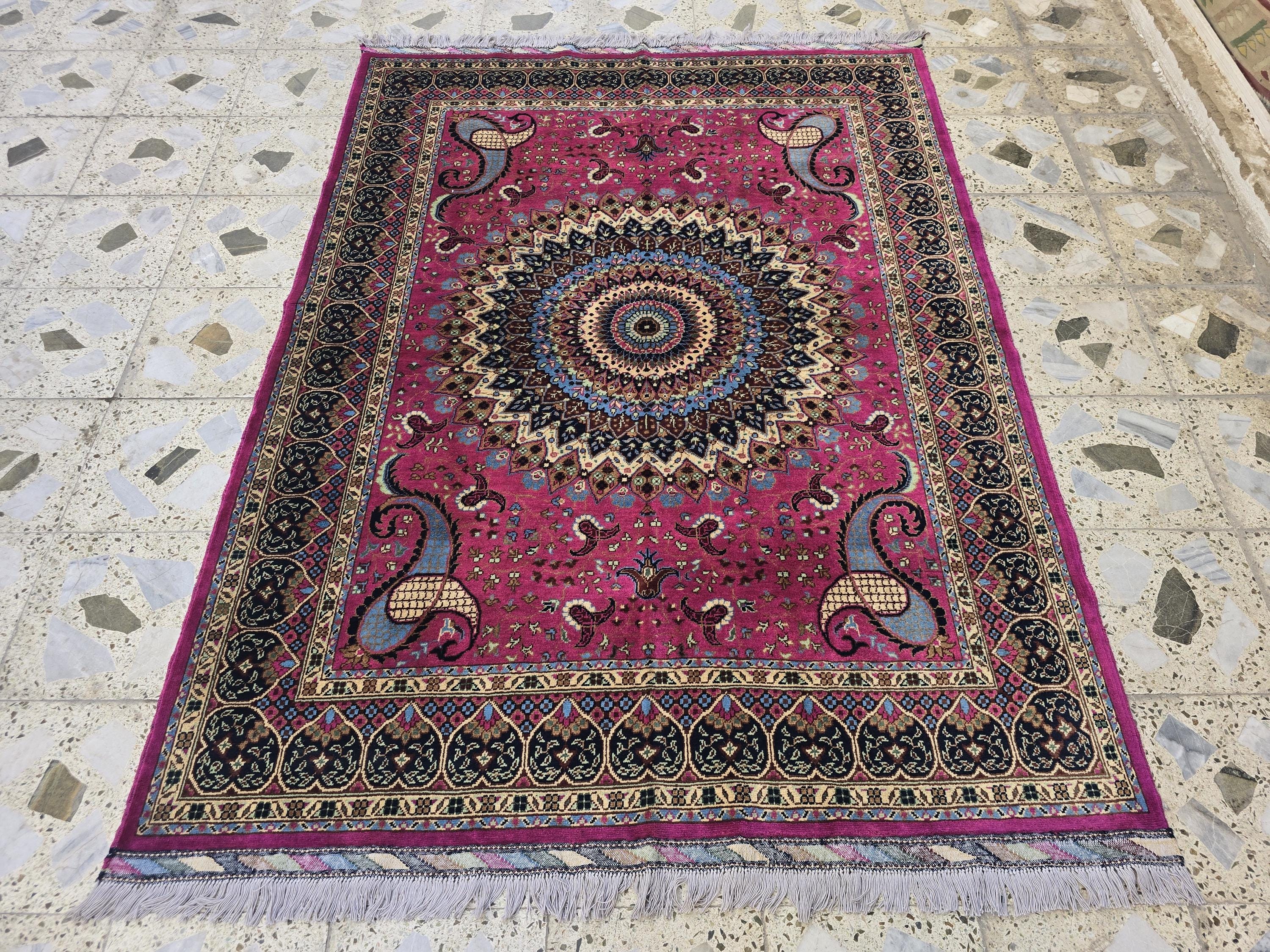 5x7ft Handmade Persian Tabriz Rug – Fuchsia Pink & Navy Wool Area Rug, Medallion Mandala Design – Traditional Living Room Accent Carpet