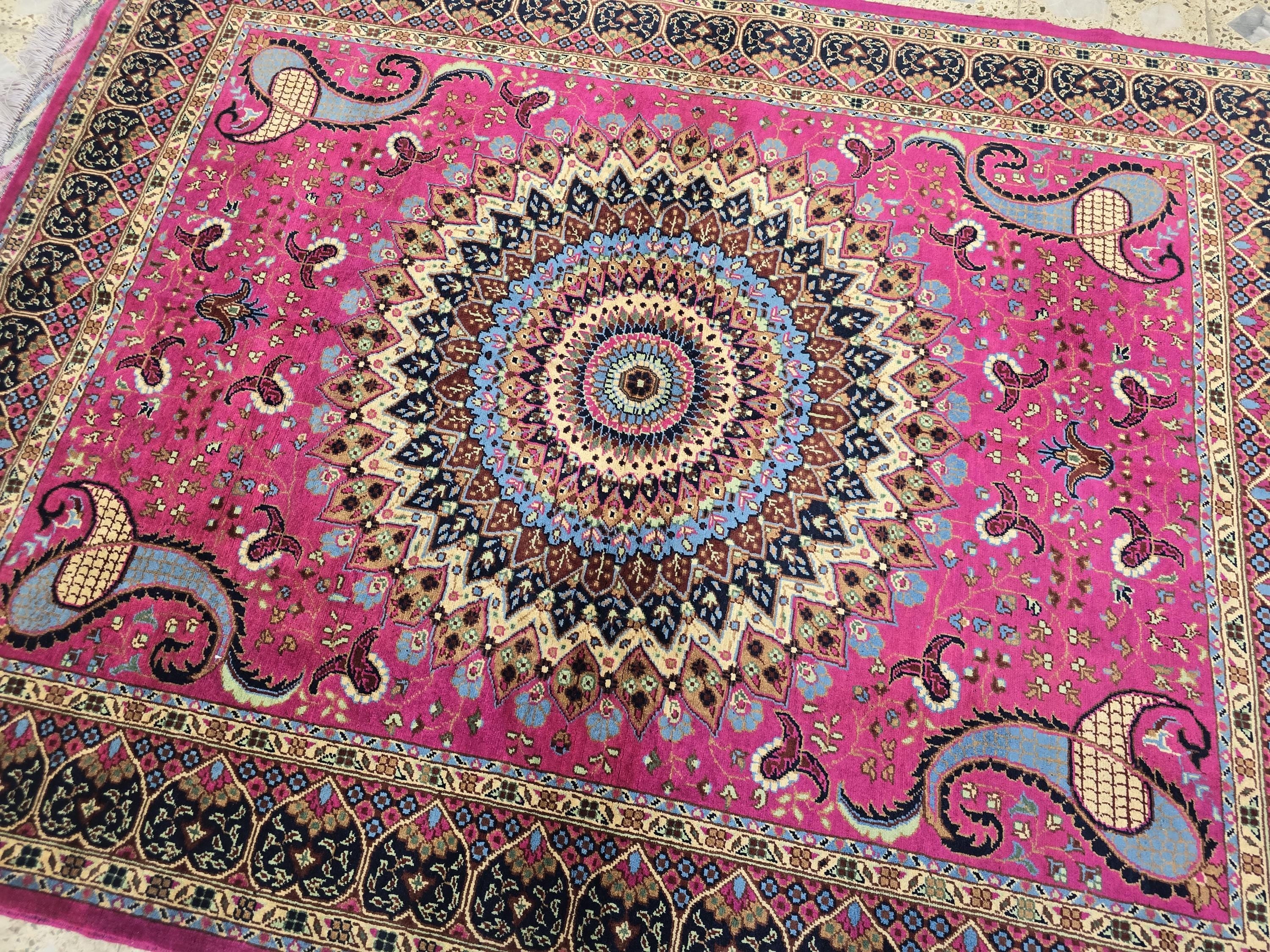 5x7ft Handmade Persian Tabriz Rug – Fuchsia Pink & Navy Wool Area Rug, Medallion Mandala Design – Traditional Living Room Accent Carpet