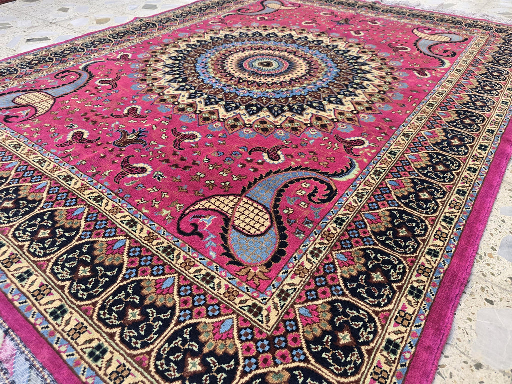 5x7ft Handmade Persian Tabriz Rug – Fuchsia Pink & Navy Wool Area Rug, Medallion Mandala Design – Traditional Living Room Accent Carpet
