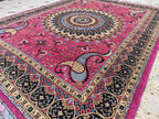 5x7ft Handmade Persian Tabriz Rug – Fuchsia Pink & Navy Wool Area Rug, Medallion Mandala Design – Traditional Living Room Accent Carpet