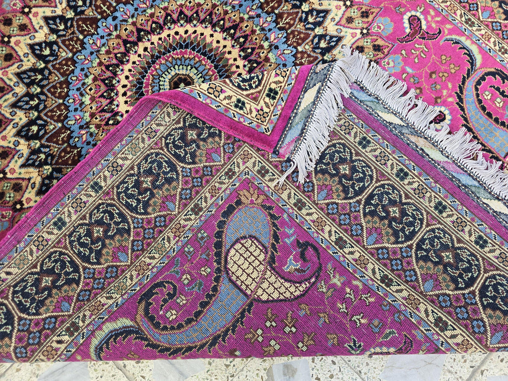 5x7ft Handmade Persian Tabriz Rug – Fuchsia Pink & Navy Wool Area Rug, Medallion Mandala Design – Traditional Living Room Accent Carpet