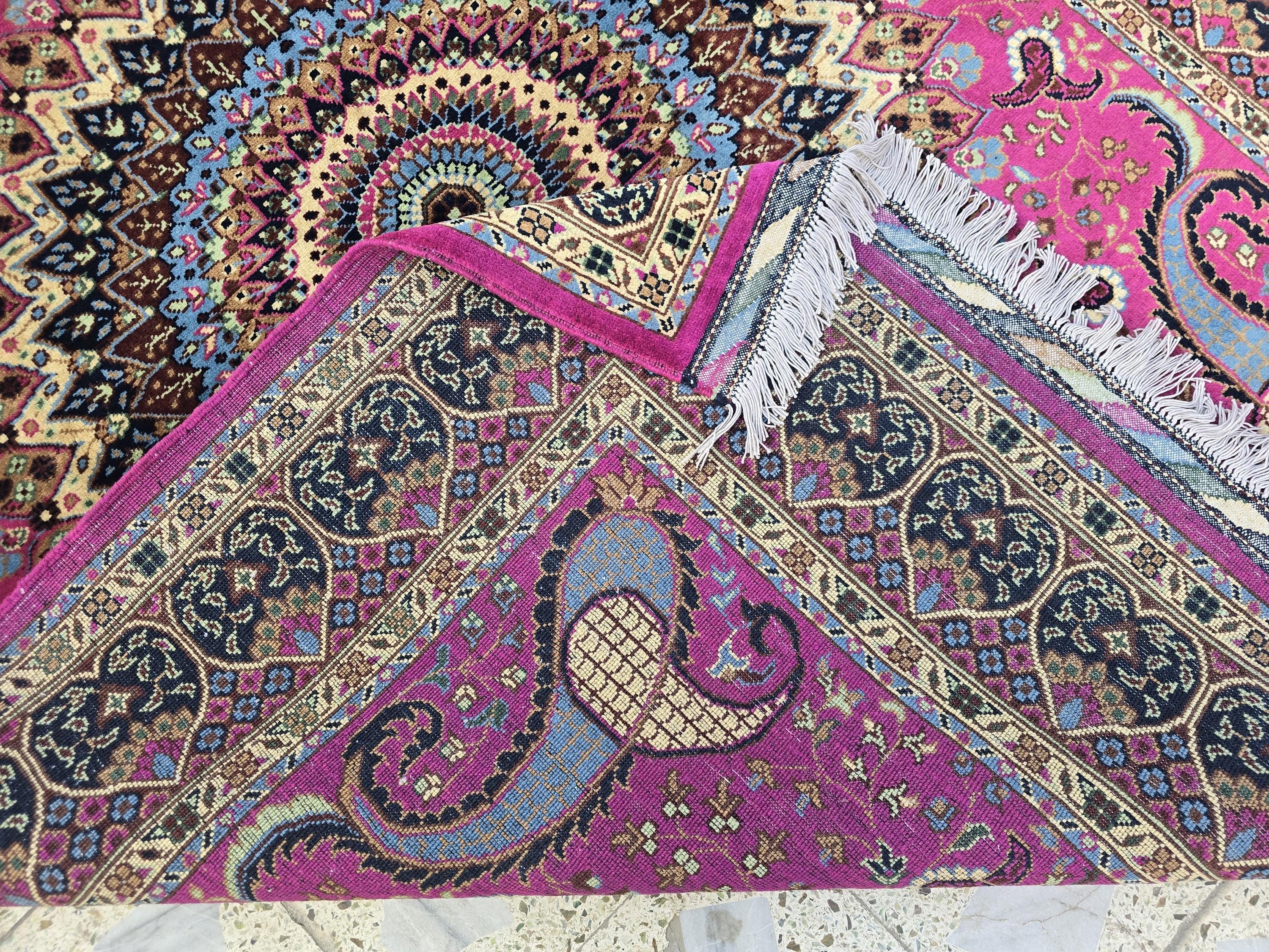 5x7ft Handmade Persian Tabriz Rug – Fuchsia Pink & Navy Wool Area Rug, Medallion Mandala Design – Traditional Living Room Accent Carpet