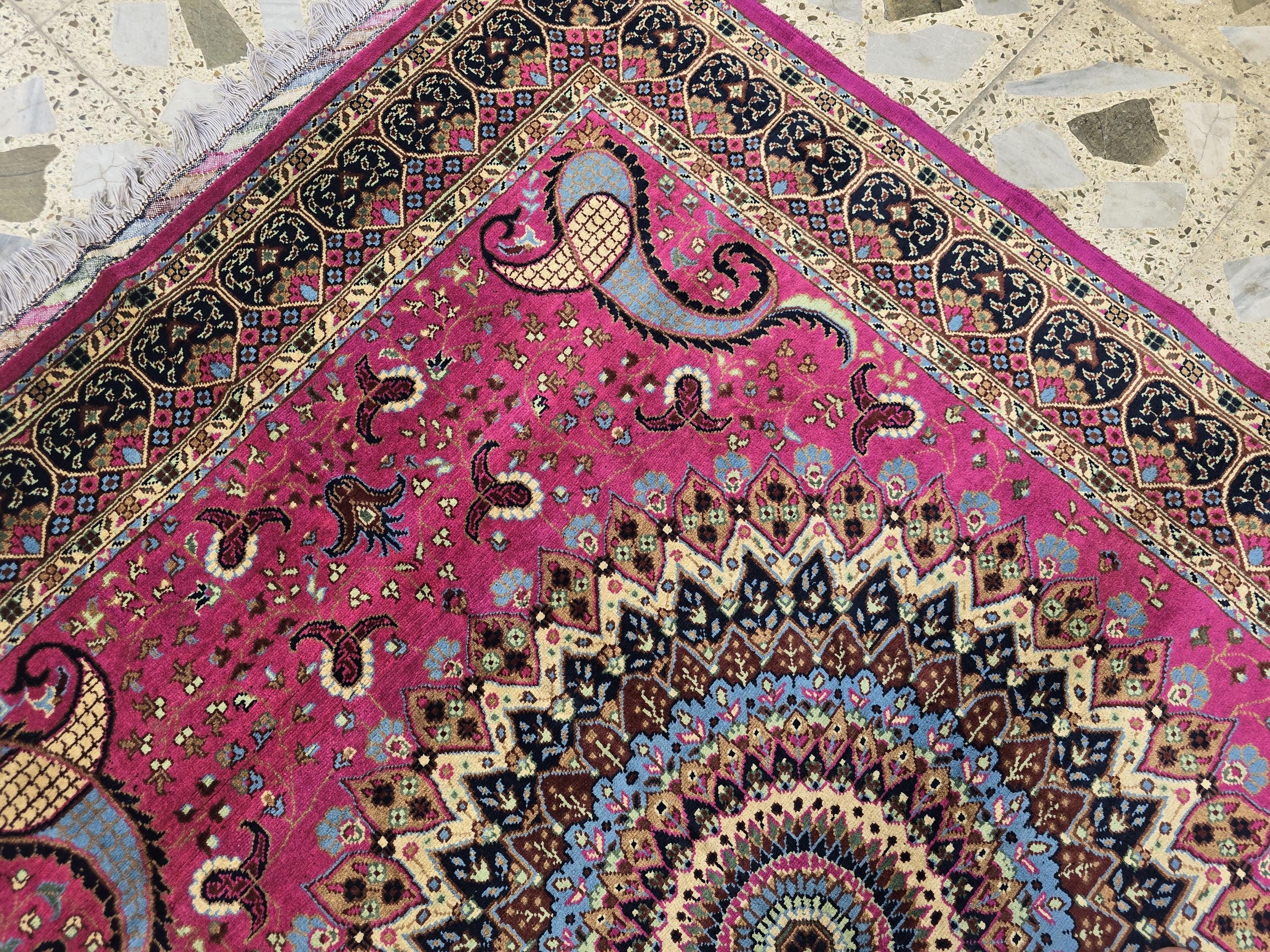 5x7ft Handmade Persian Tabriz Rug – Fuchsia Pink & Navy Wool Area Rug, Medallion Mandala Design – Traditional Living Room Accent Carpet
