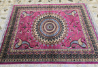 5x7ft Handmade Persian Tabriz Rug – Fuchsia Pink & Navy Wool Area Rug, Medallion Mandala Design – Traditional Living Room Accent Carpet