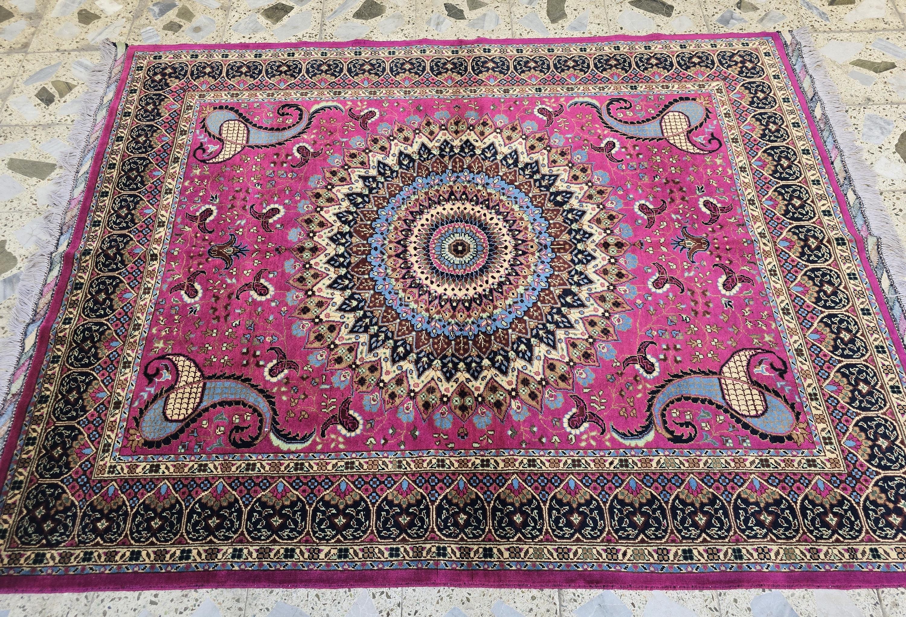 5x7ft Handmade Persian Tabriz Rug – Fuchsia Pink & Navy Wool Area Rug, Medallion Mandala Design – Traditional Living Room Accent Carpet