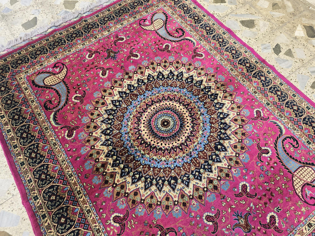 5x7ft Handmade Persian Tabriz Rug – Fuchsia Pink & Navy Wool Area Rug, Medallion Mandala Design – Traditional Living Room Accent Carpet