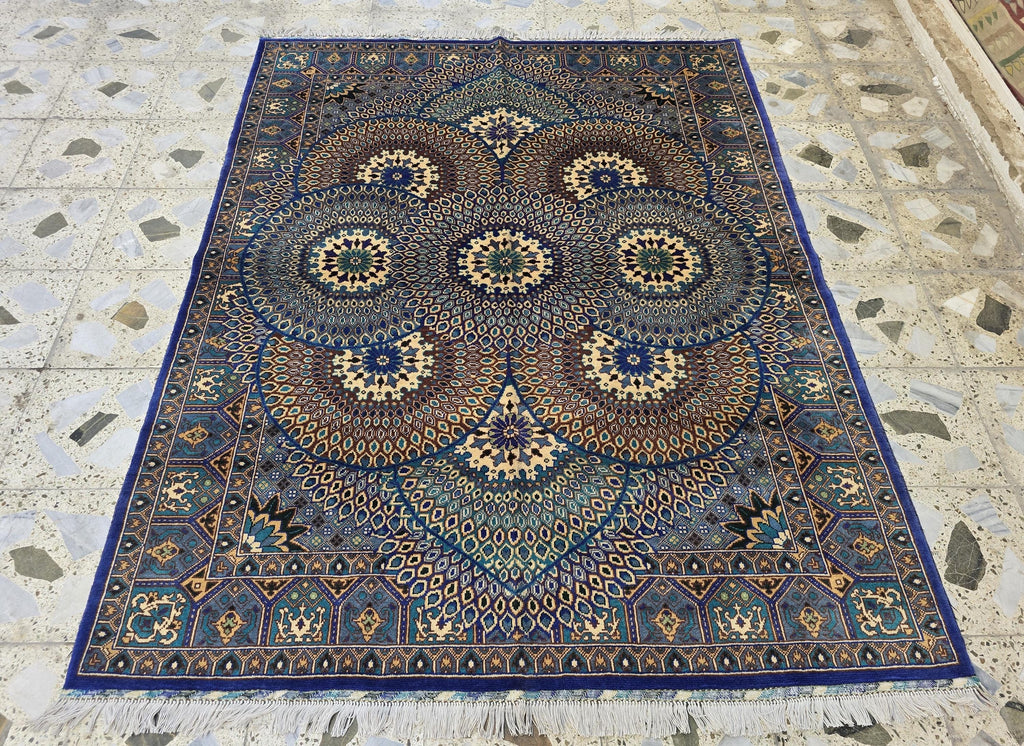 Handmade Persian Mahi Design Rug 5x7ft – Wool Area Carpet in Navy Blue, Cream & Teal – Geometric Floral Pattern – Elegant Living Room Decor