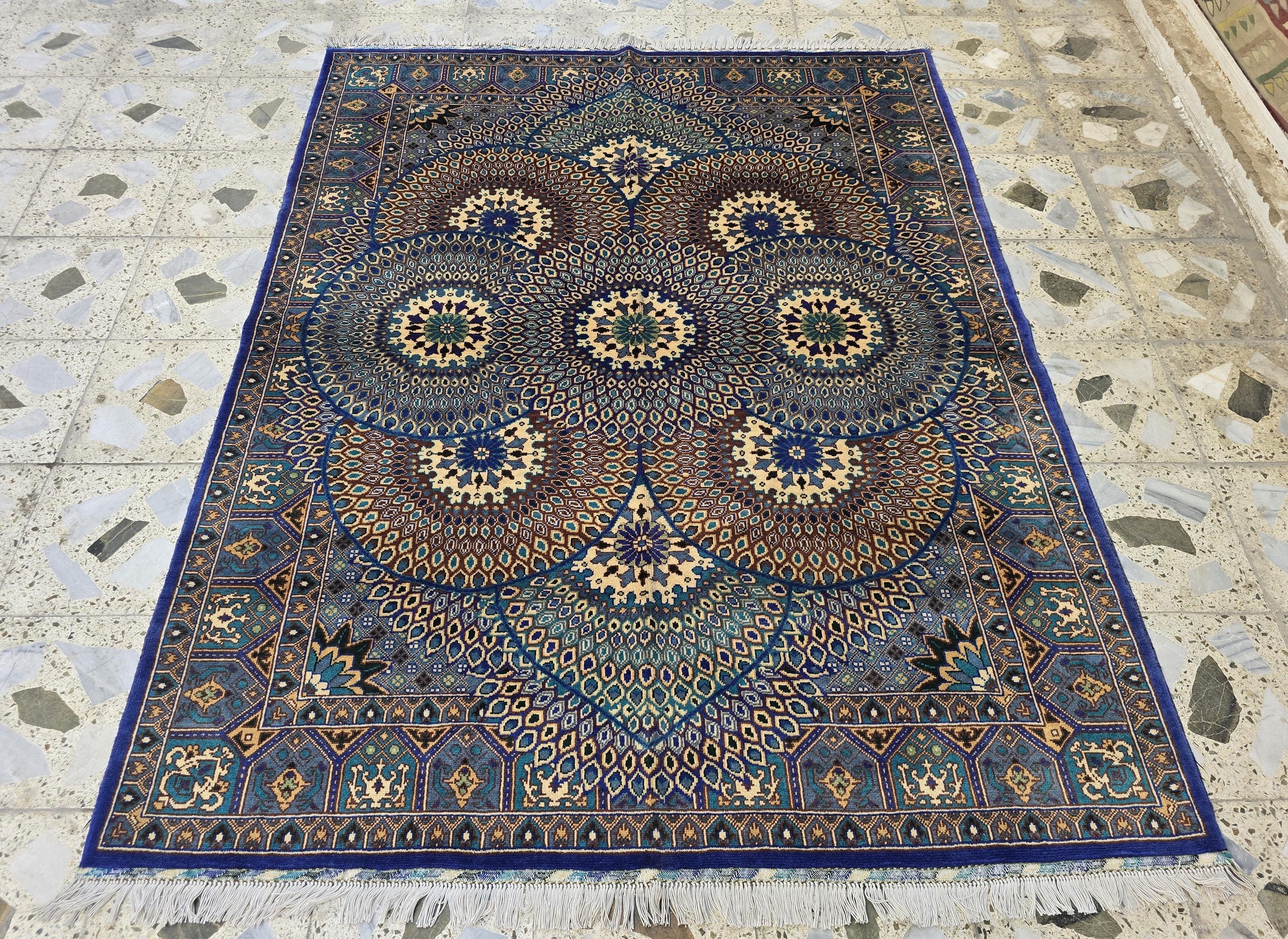 Handmade Persian Mahi Design Rug 5x7ft – Wool Area Carpet in Navy Blue, Cream & Teal – Geometric Floral Pattern – Elegant Living Room Decor