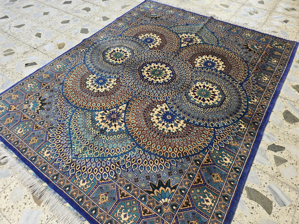 Handmade Persian Mahi Design Rug 5x7ft – Wool Area Carpet in Navy Blue, Cream & Teal – Geometric Floral Pattern – Elegant Living Room Decor
