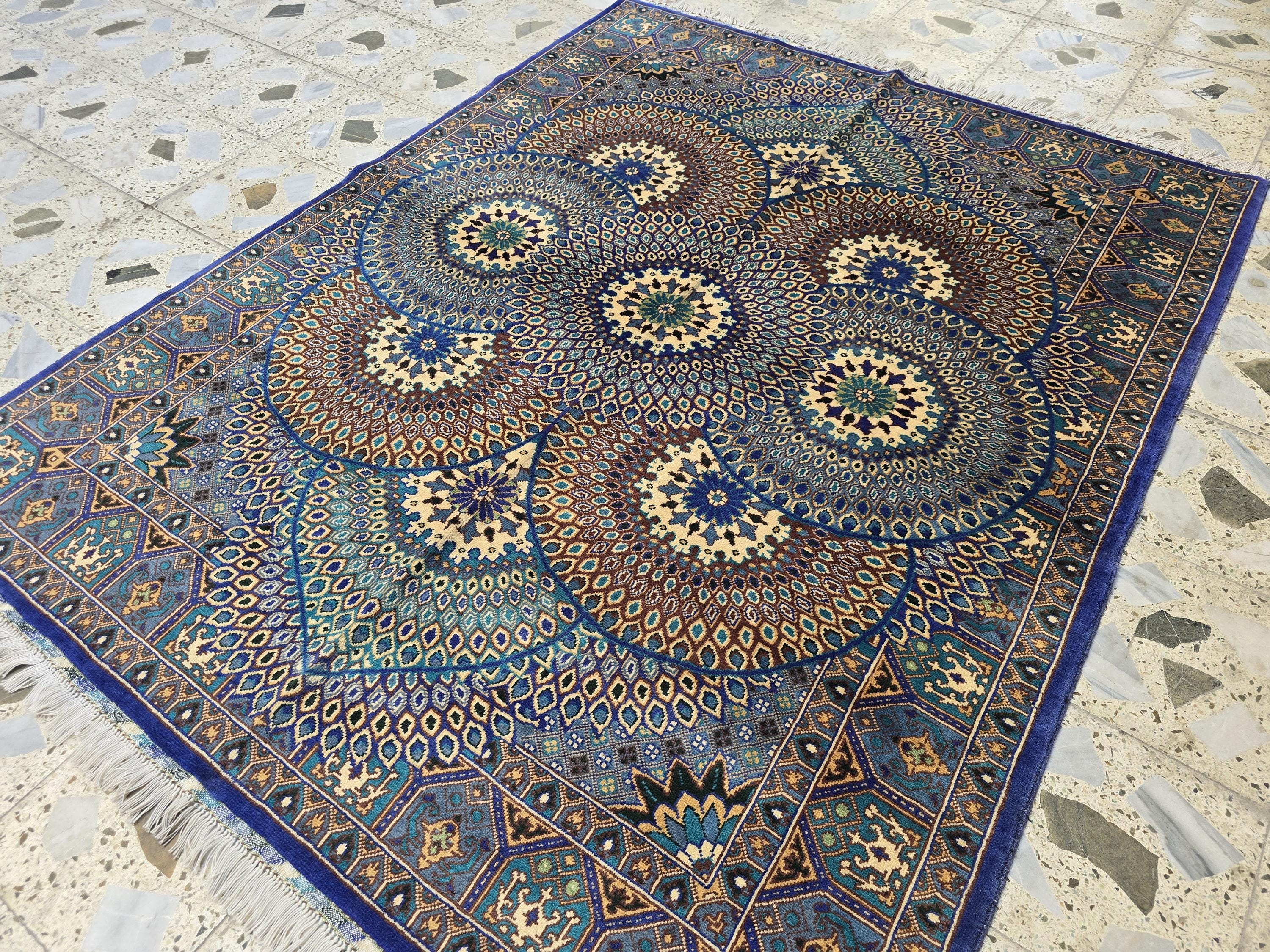 Handmade Persian Mahi Design Rug 5x7ft – Wool Area Carpet in Navy Blue, Cream & Teal – Geometric Floral Pattern – Elegant Living Room Decor