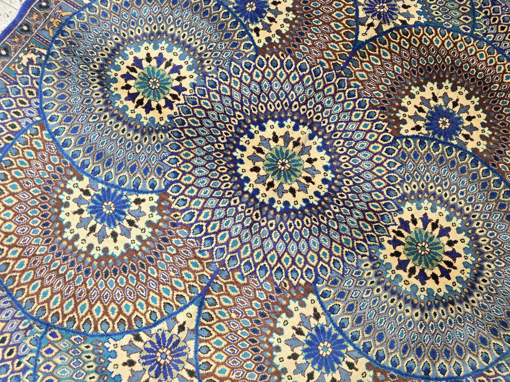 Handmade Persian Mahi Design Rug 5x7ft – Wool Area Carpet in Navy Blue, Cream & Teal – Geometric Floral Pattern – Elegant Living Room Decor