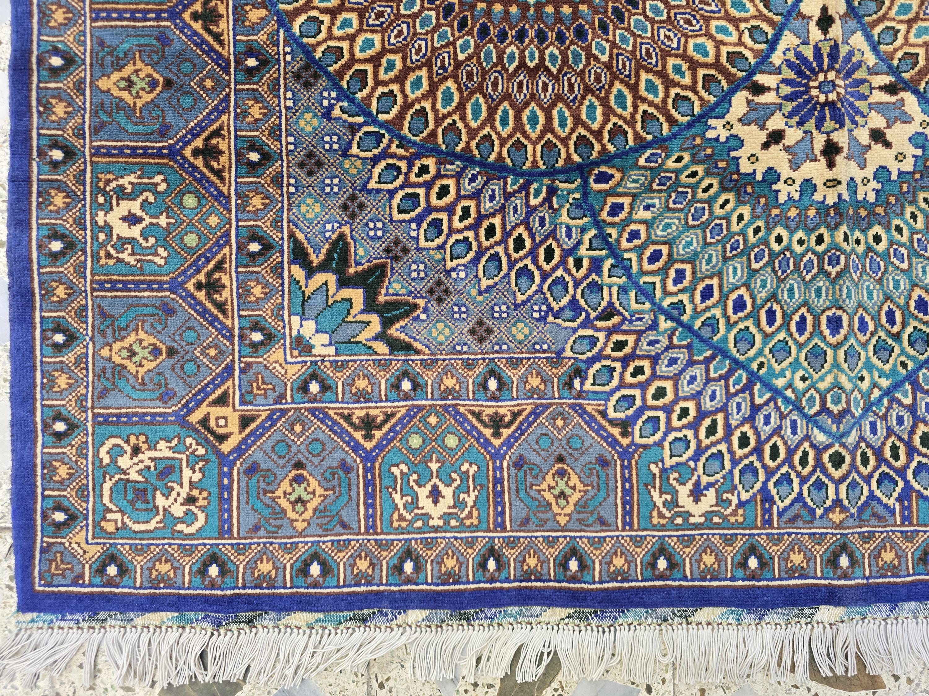 Handmade Persian Mahi Design Rug 5x7ft – Wool Area Carpet in Navy Blue, Cream & Teal – Geometric Floral Pattern – Elegant Living Room Decor