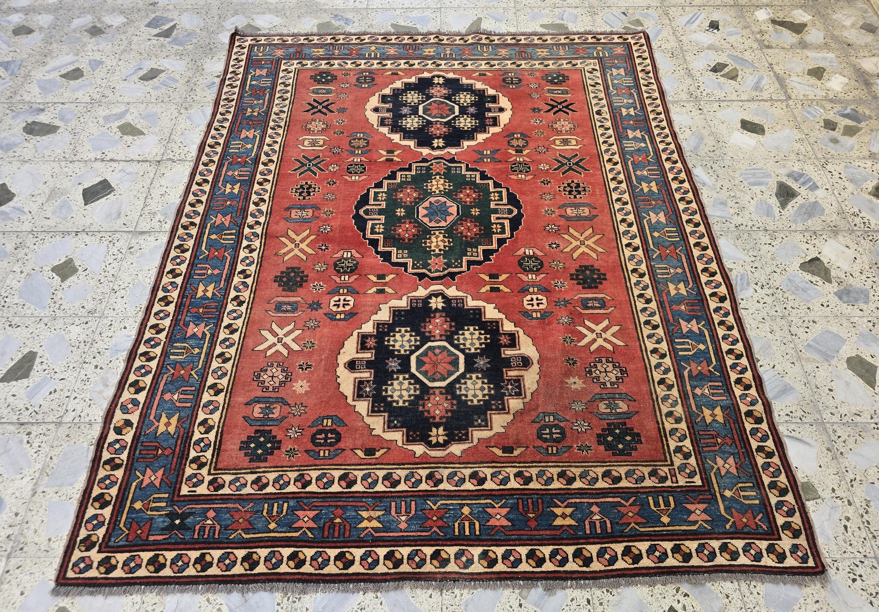 Vintage Caucasian Kazak Rug 5x6ft – Handmade Wool Tribal Rug in Red, Navy & Ivory – Collectible Geometric Medallion Carpet – Floor Decor