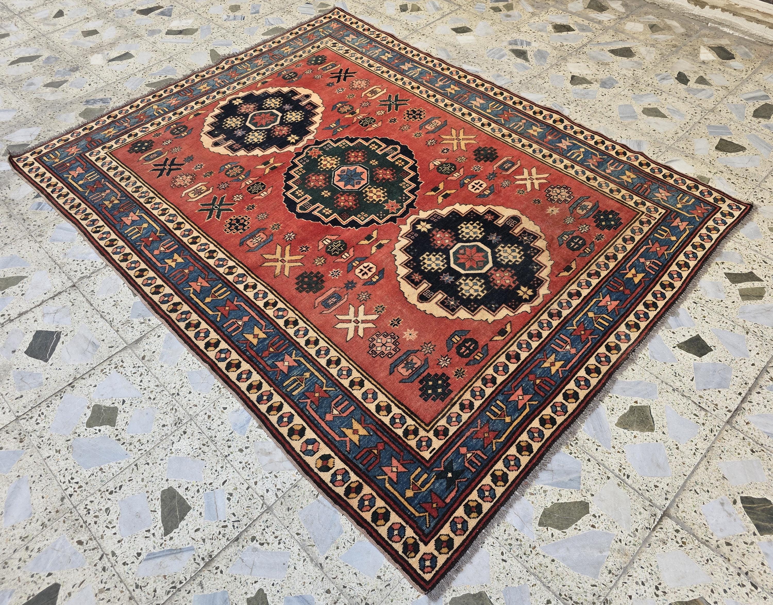 Vintage Caucasian Kazak Rug 5x6ft – Handmade Wool Tribal Rug in Red, Navy & Ivory – Collectible Geometric Medallion Carpet – Floor Decor