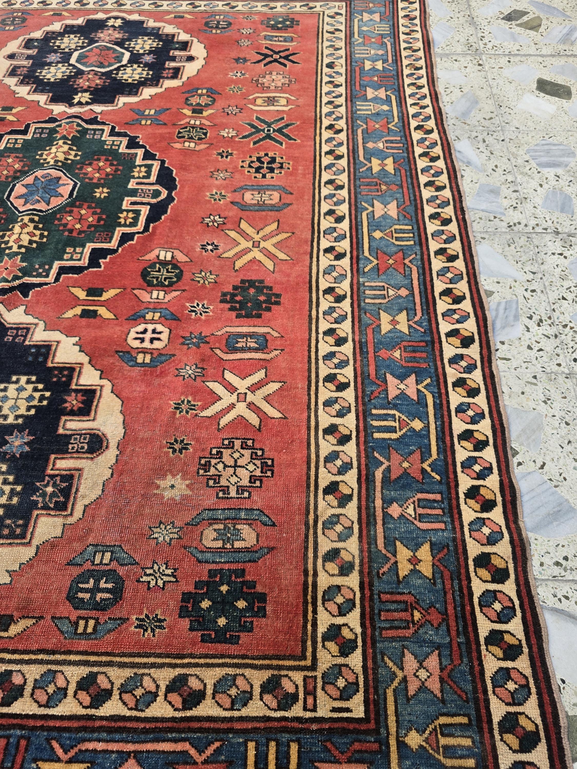 Vintage Caucasian Kazak Rug 5x6ft – Handmade Wool Tribal Rug in Red, Navy & Ivory – Collectible Geometric Medallion Carpet – Floor Decor