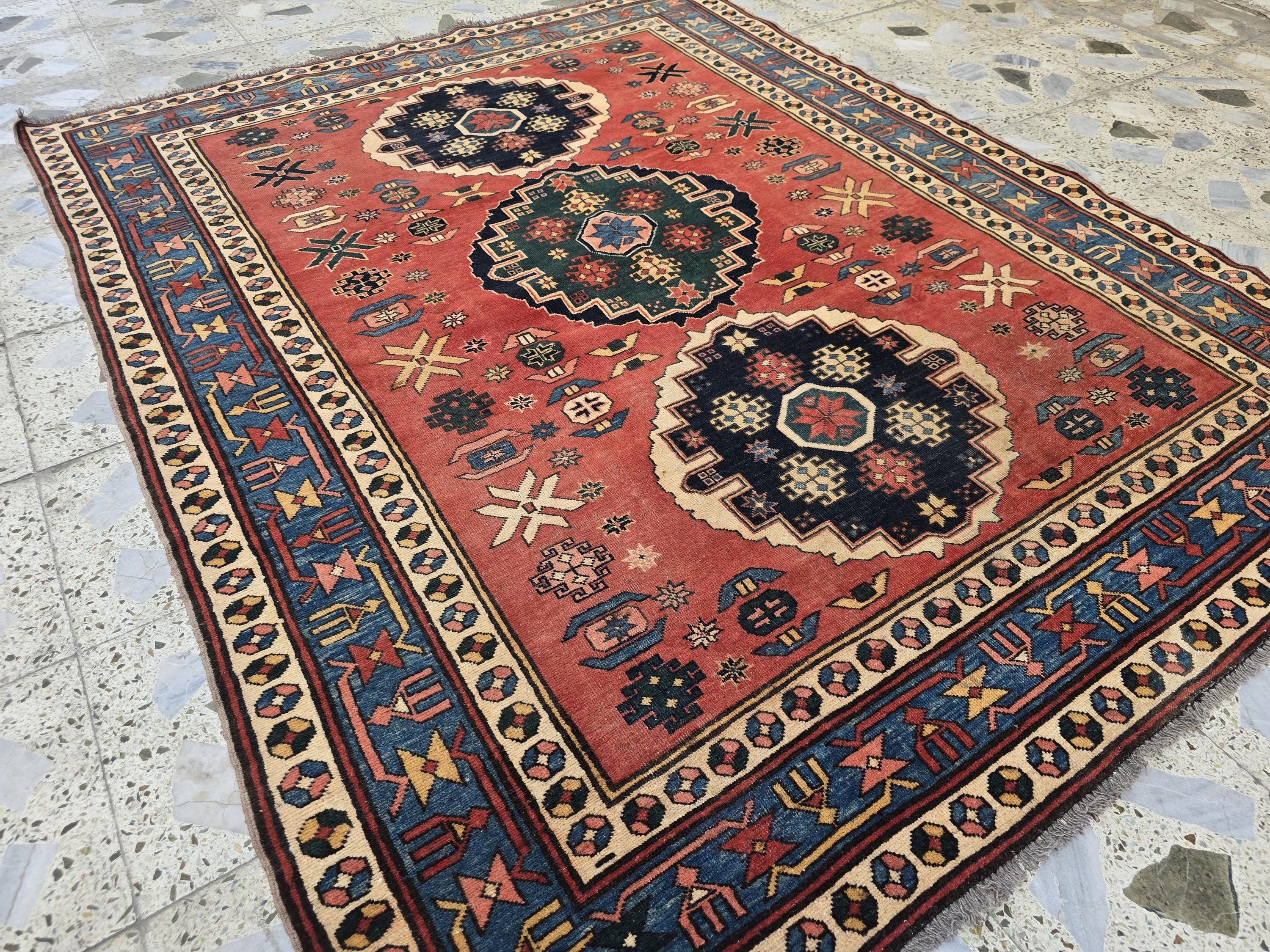 Vintage Caucasian Kazak Rug 5x6ft – Handmade Wool Tribal Rug in Red, Navy & Ivory – Collectible Geometric Medallion Carpet – Floor Decor