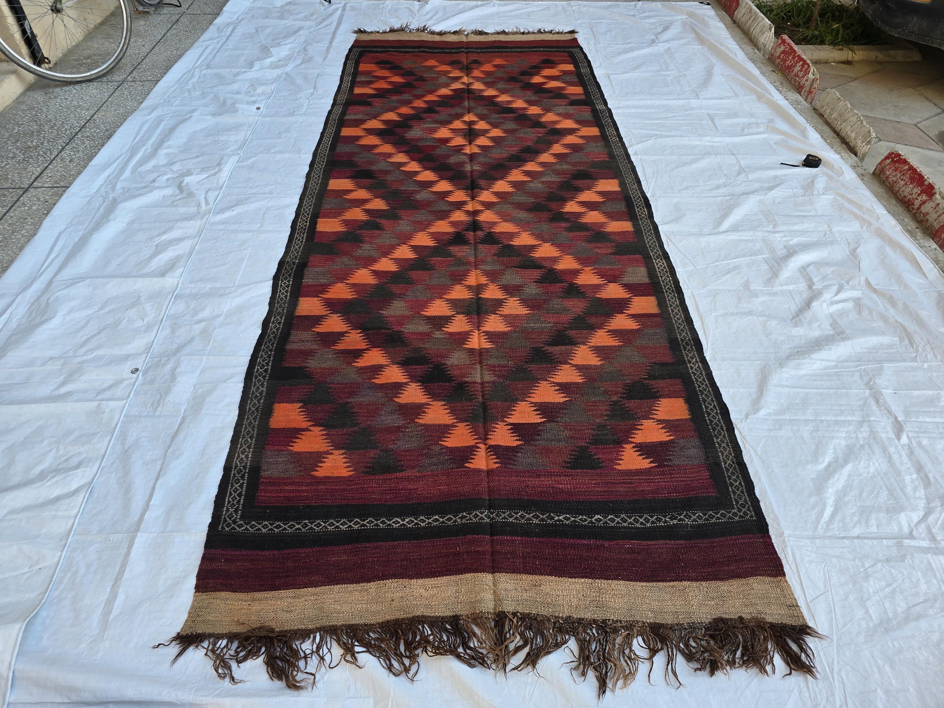 4x12 Vintage Afghan Kilim Rug – Handwoven Tribal Wool Runner – Geometric Pattern – Boho Rustic Decor – Antique Hallway Rug, Farmhouse Rug