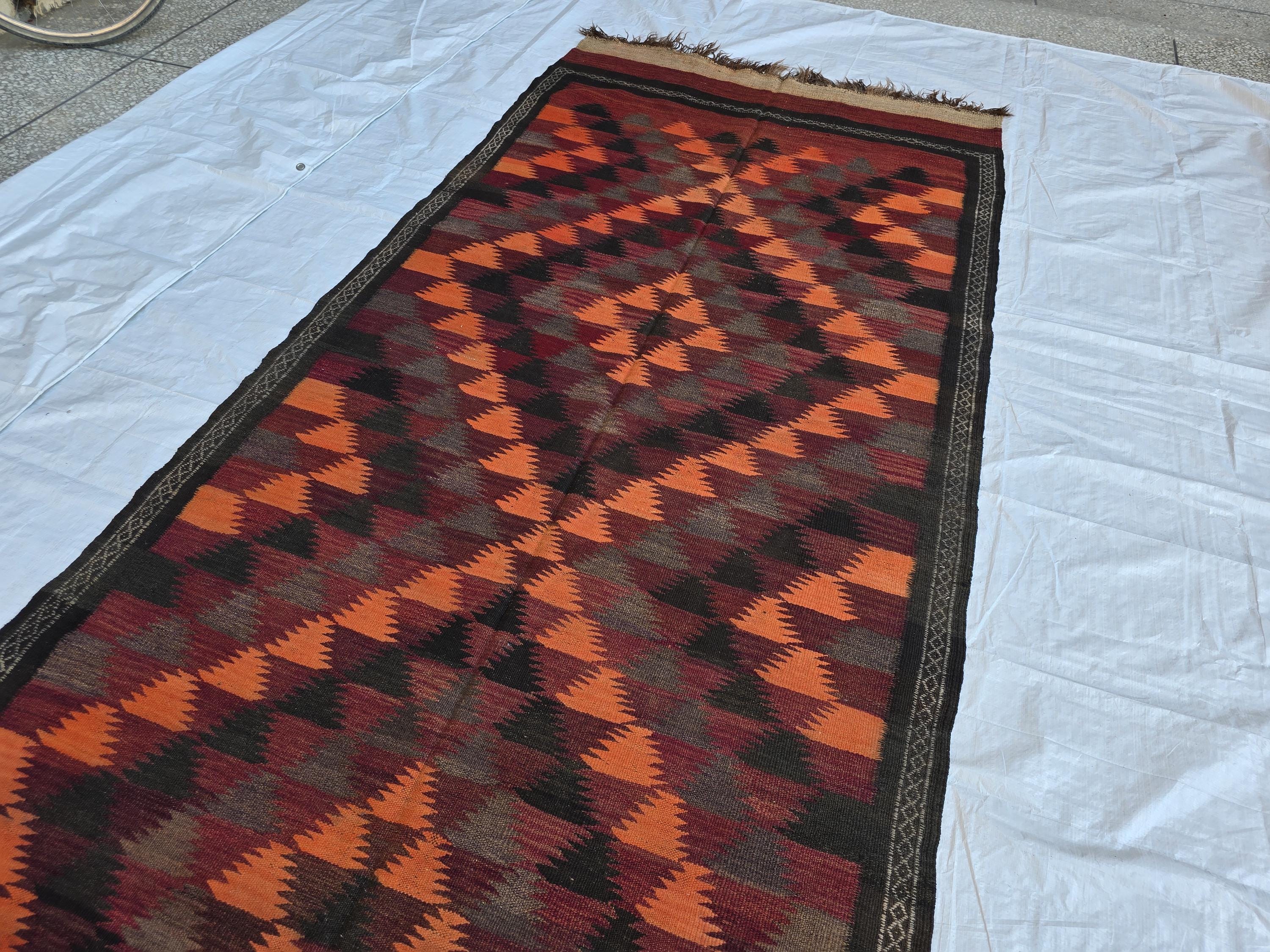 4x12 Vintage Afghan Kilim Rug – Handwoven Tribal Wool Runner – Geometric Pattern – Boho Rustic Decor – Antique Hallway Rug, Farmhouse Rug